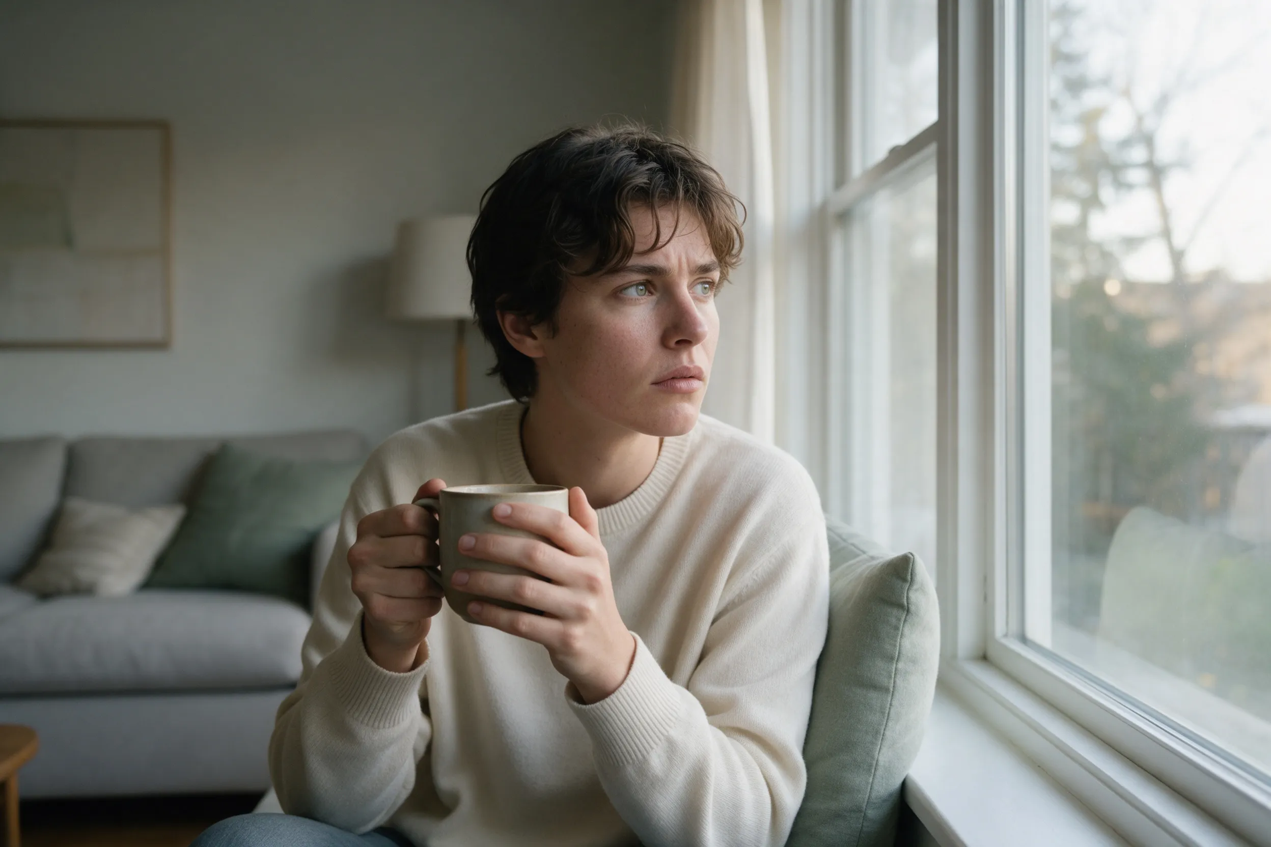 Una persona joven sentada junto a una ventana sostiene una taza entre las manos y mira hacia fuera con expresión pensativa.
