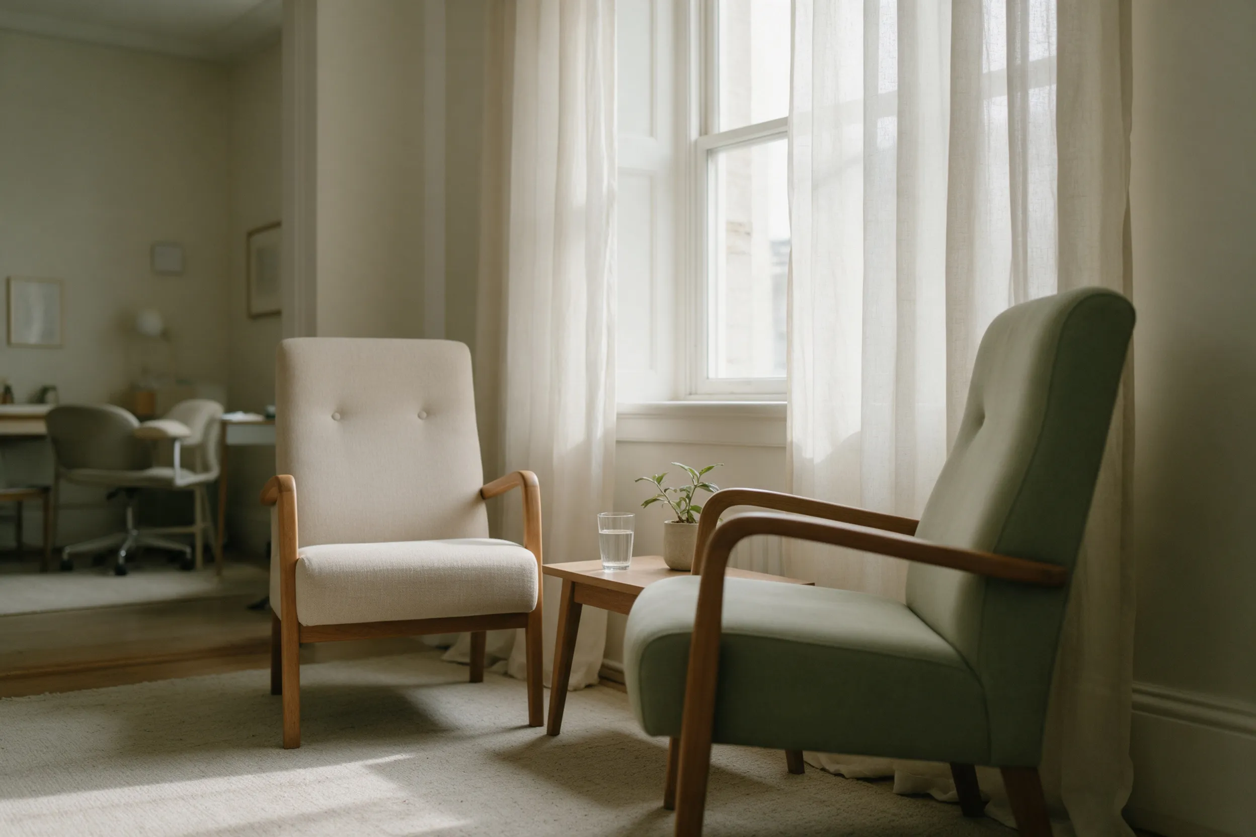 Sala de consulta vacía con dos butacas enfrentadas junto a una ventana con cortinas claras y una mesa baja con una planta y un vaso de agua.