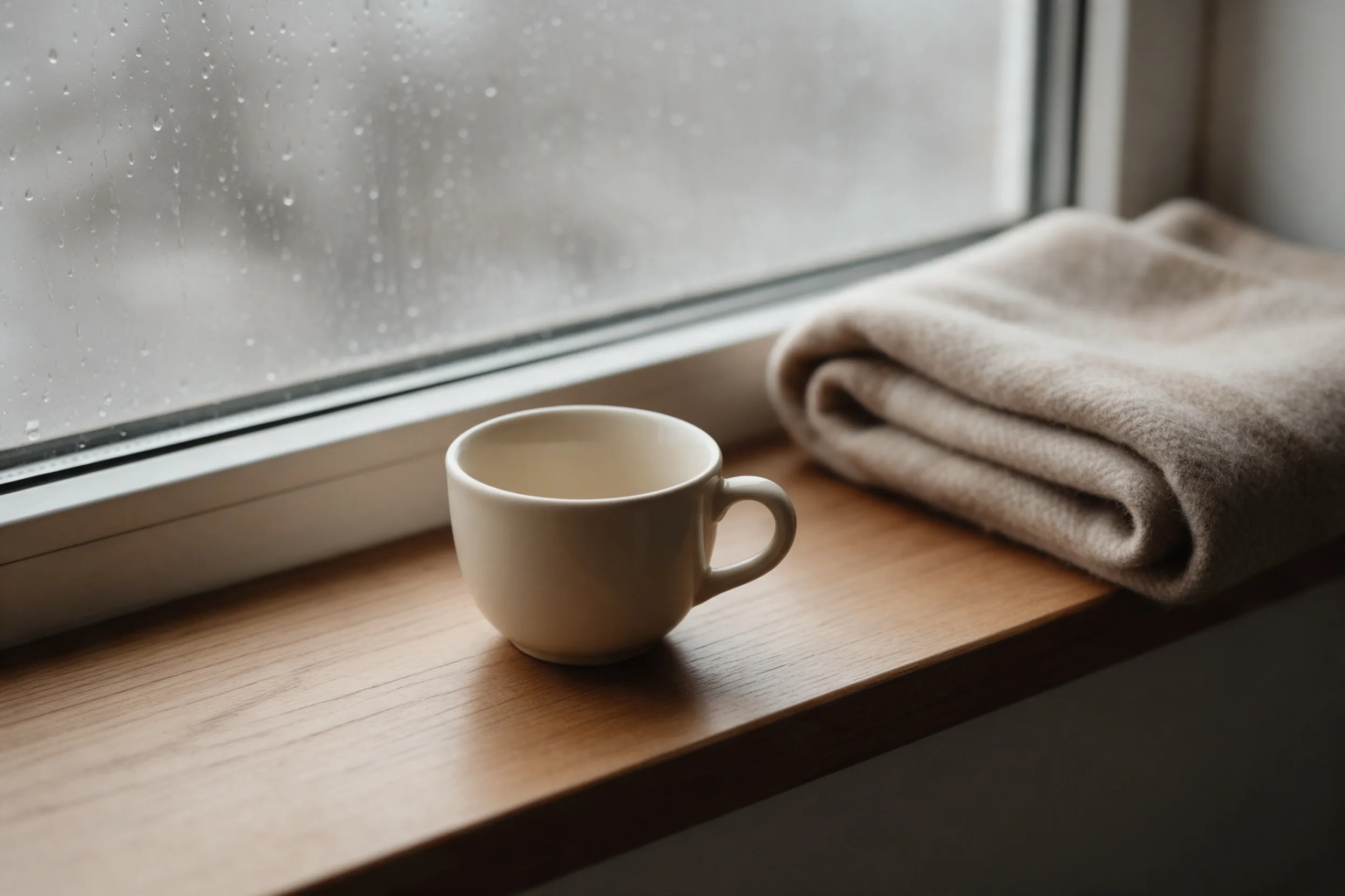 Una taza vacía sobre el alféizar de una ventana con gotas de lluvia y una manta doblada al lado.