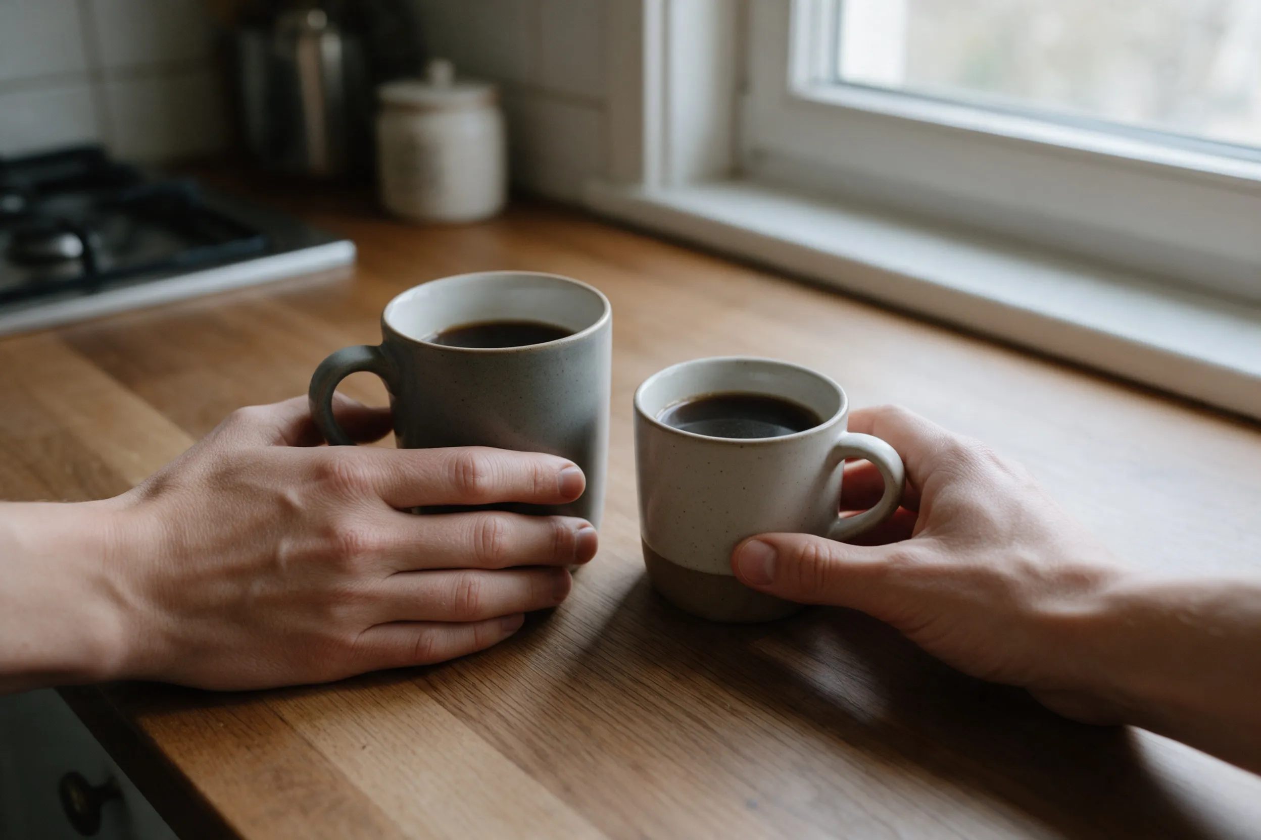 Dos manos sostienen sendas tazas de café sobre una mesa de madera junto a una ventana.