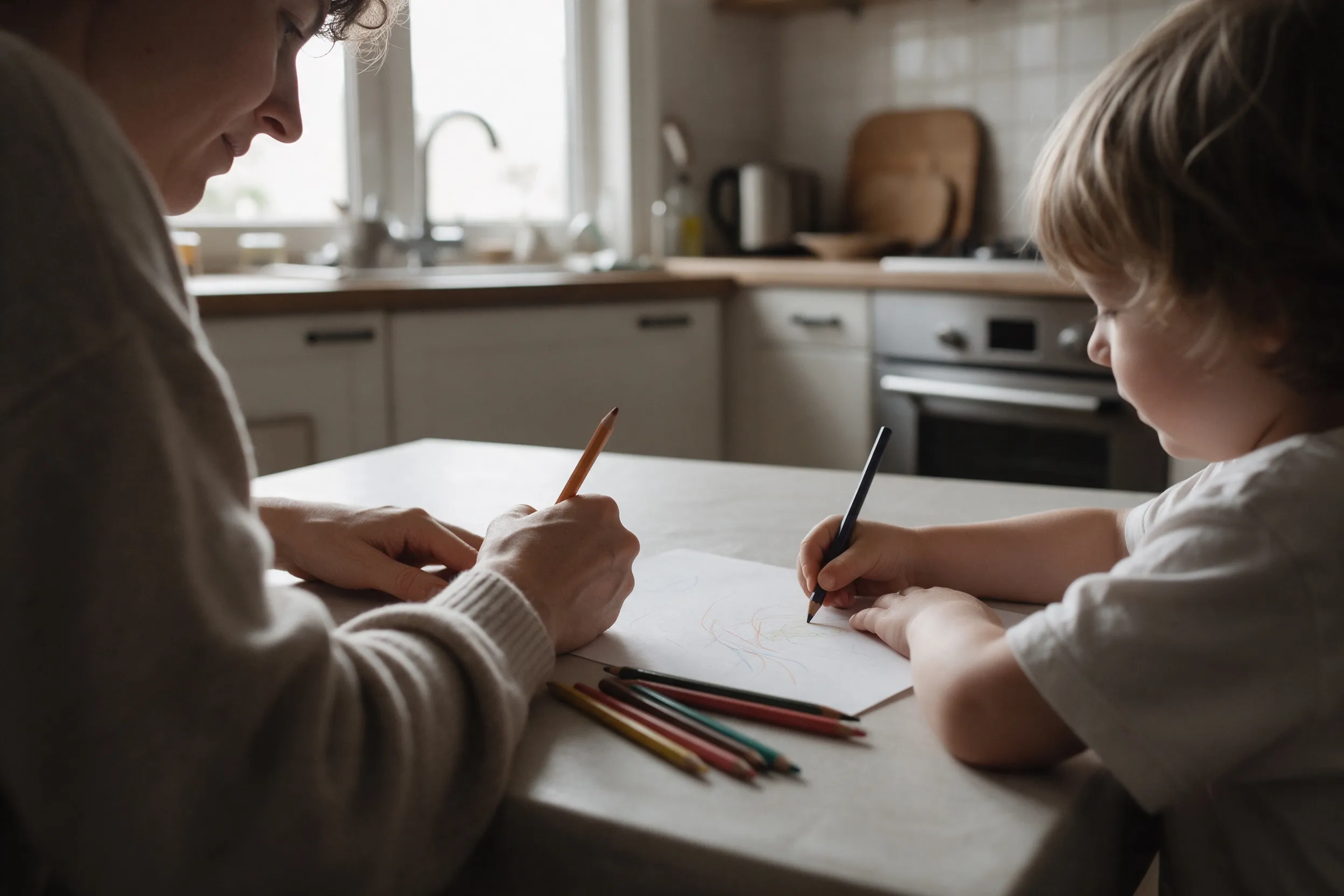 Una persona adulta y un niño pequeño dibujan juntos con lápices de colores en la mesa de una cocina.
