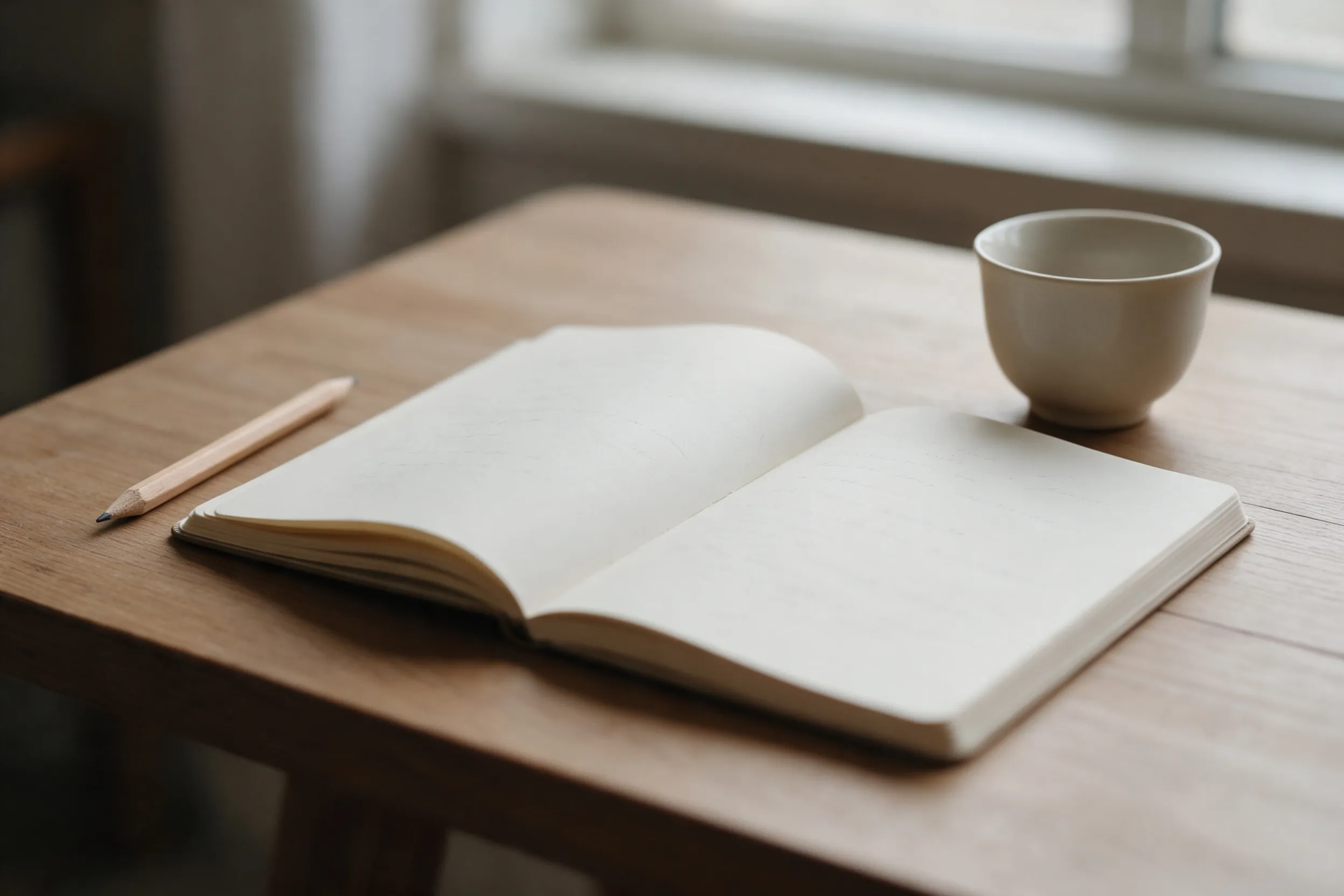 Un cuaderno abierto en blanco con un lápiz y una taza sobre una mesa de madera junto a la ventana.