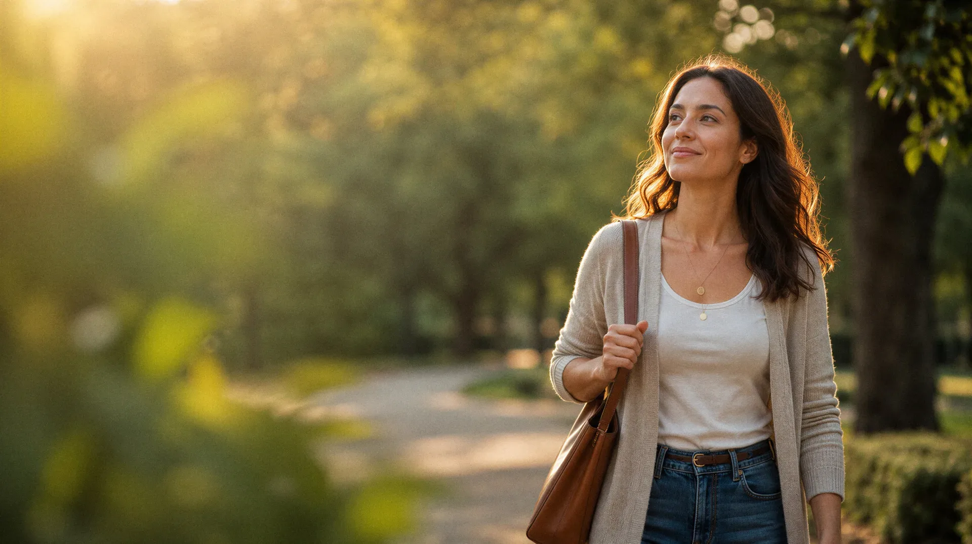 Una mujer camina por un parque en un atardecer cálido