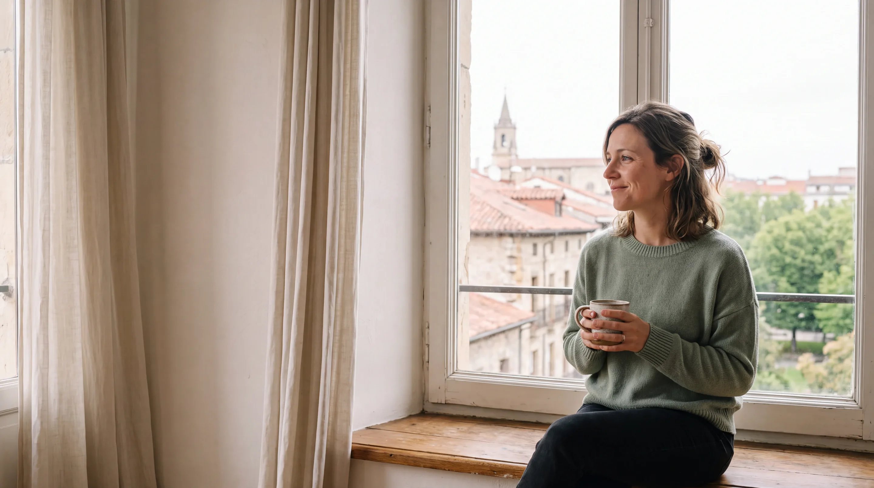 Una mujer joven, sentada junto a una ventana con una taza entre las manos, mira con calma los tejados del casco viejo