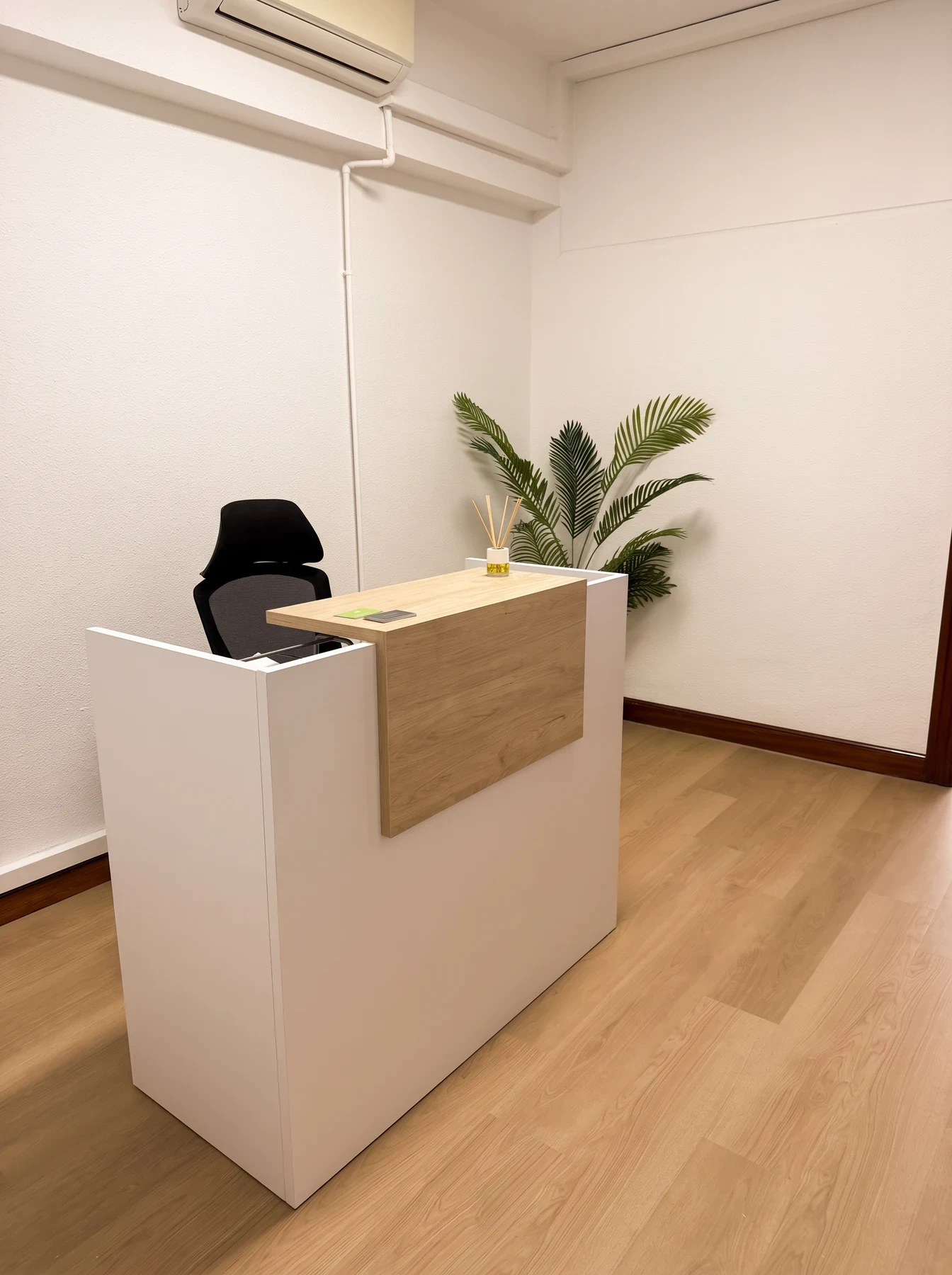 Recepción del centro Psiconervión Barakaldo – Bagatza, con un mostrador blanco y de madera y una palmera.
