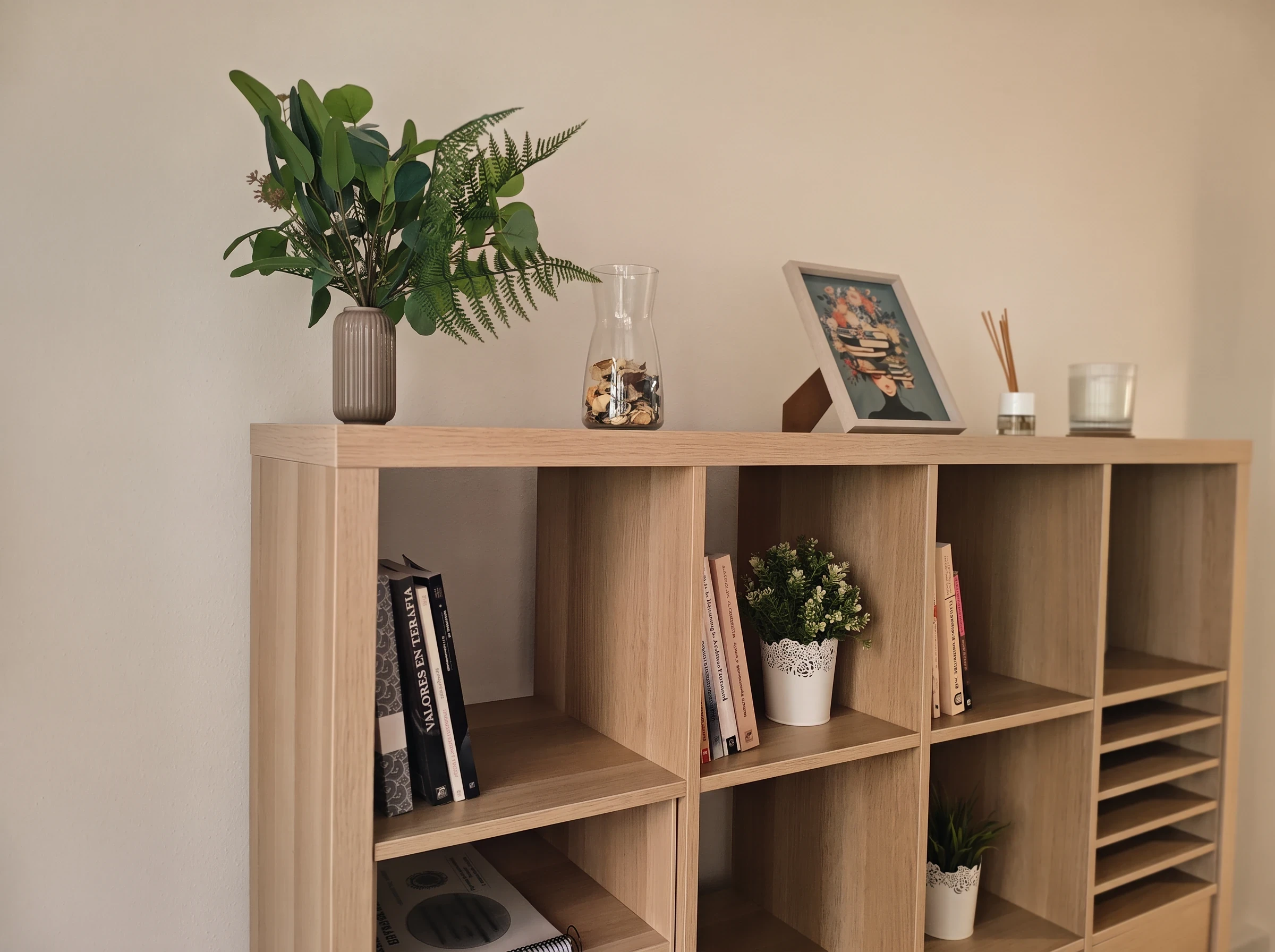 Estantería de madera de una consulta, con libros, plantas y un cuadro.