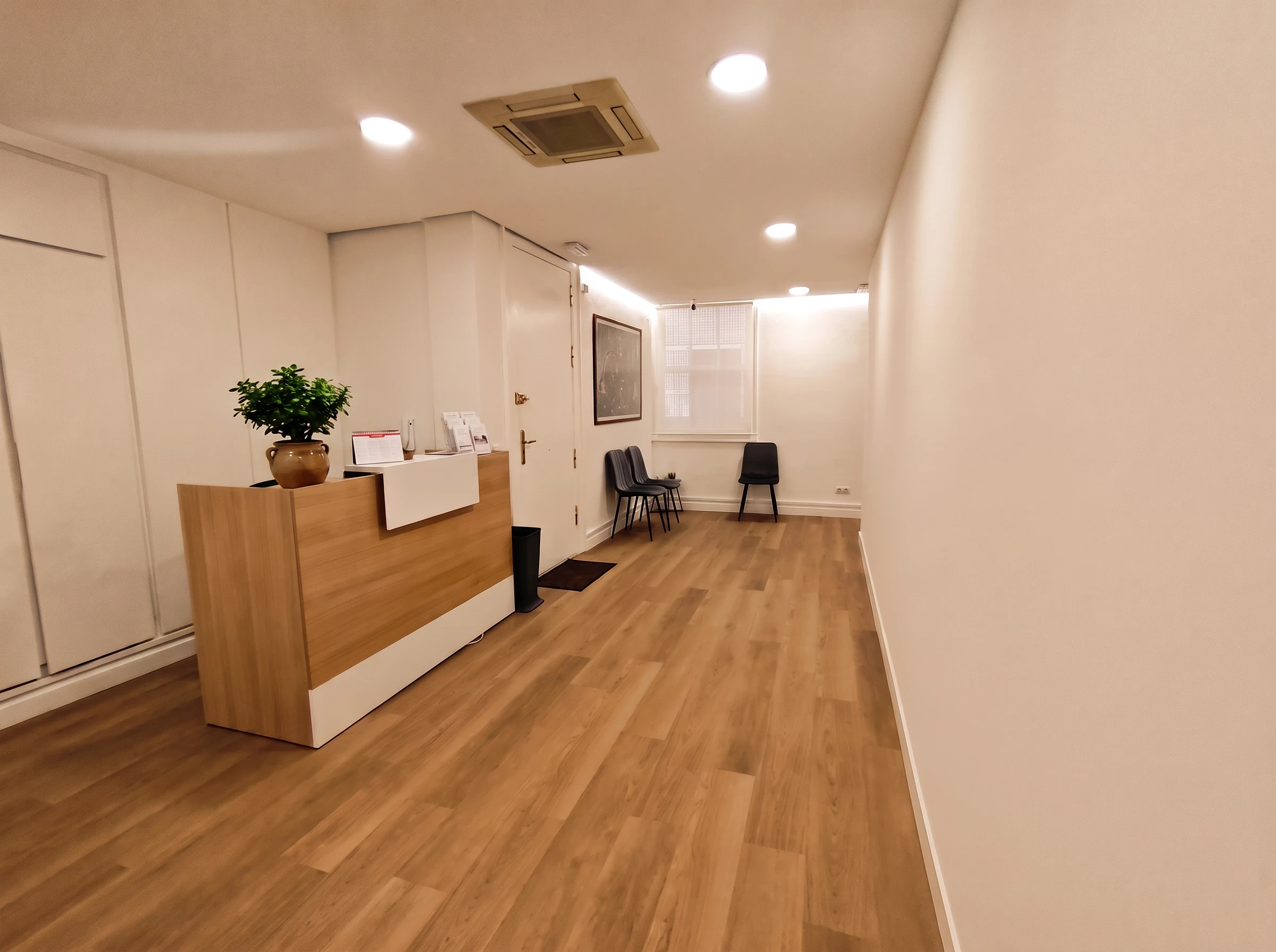 Recepción del centro Psiconervión Bilbao – General Concha, con el mostrador de madera, una planta y sillas de espera al fondo.