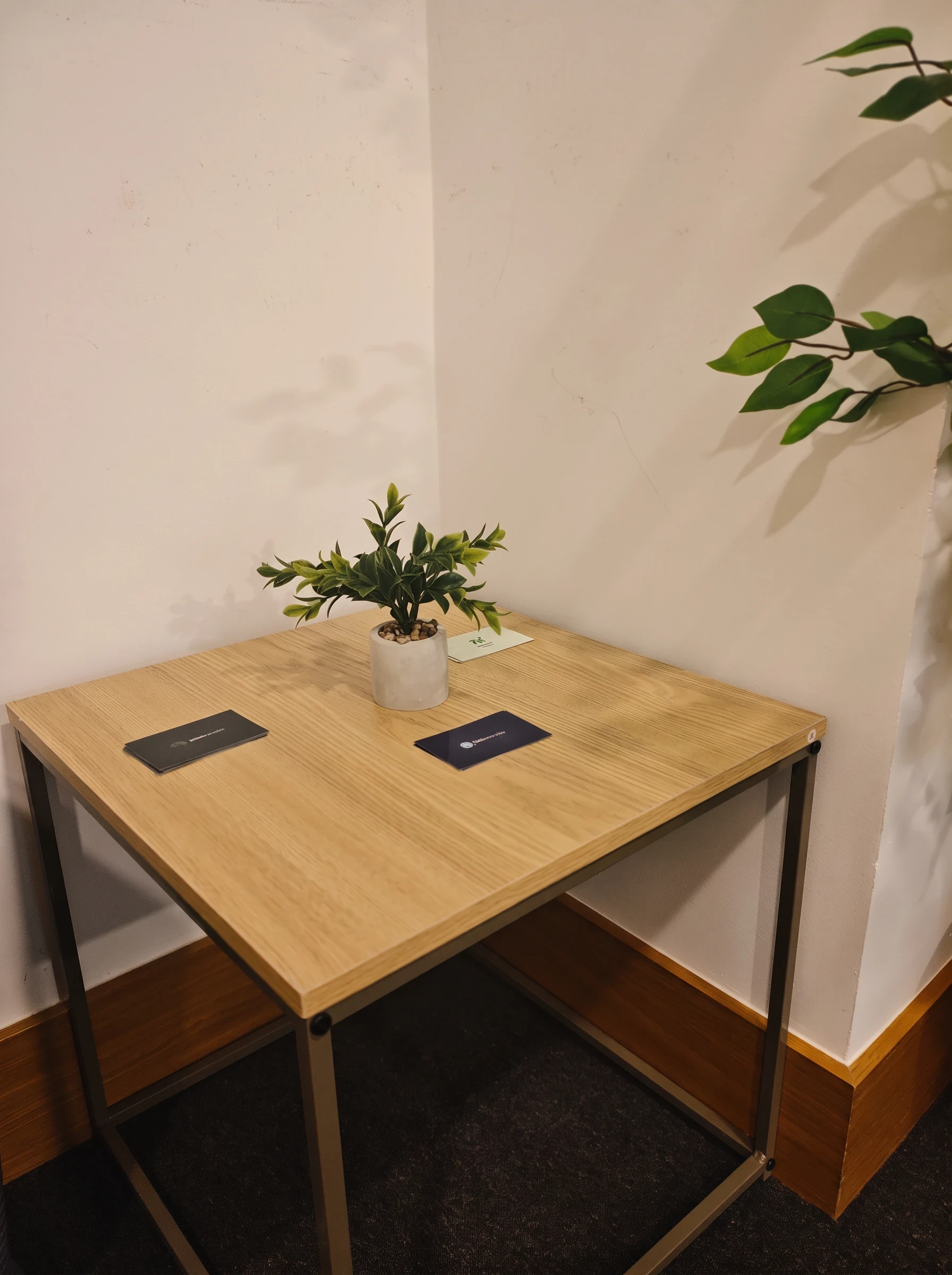 Mesita de madera con una planta y tarjetas del centro.