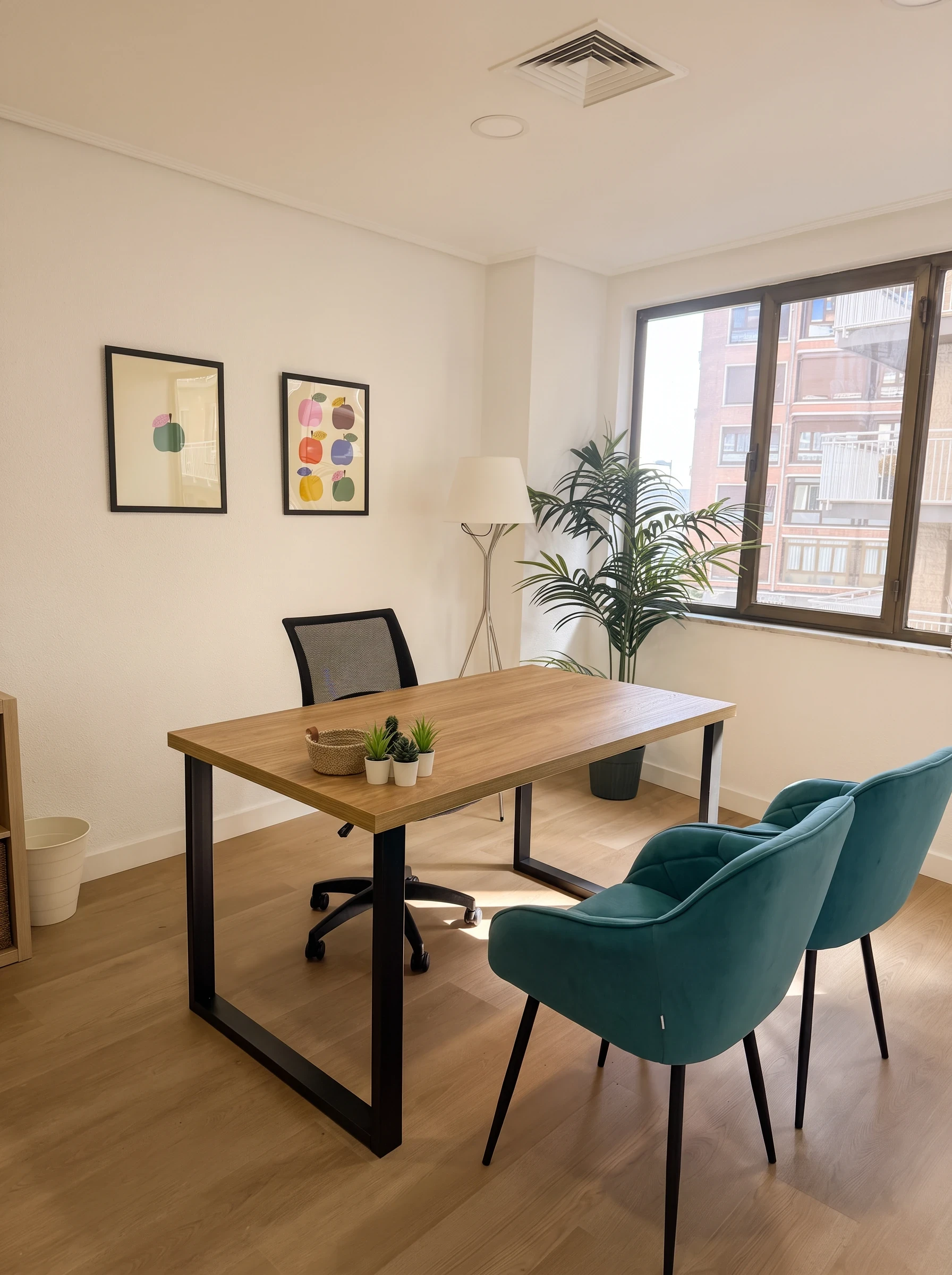 Consulta luminosa del centro Psiconervión Santurtzi – Juan XXIII, con mesa de madera, dos butacas verde azulado, una palmera y un ventanal.