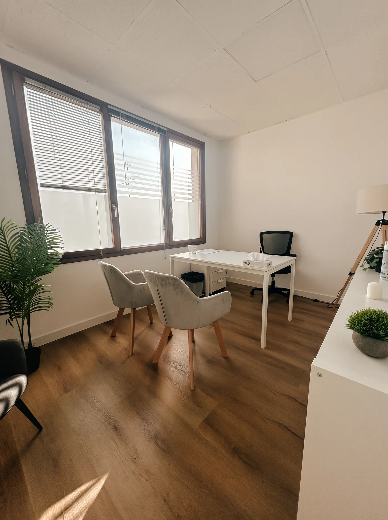 Consulta luminosa del centro Psiconervión Portugalete, con ventanal, mesa blanca, dos butacas grises, una palmera y una lámpara de pie.