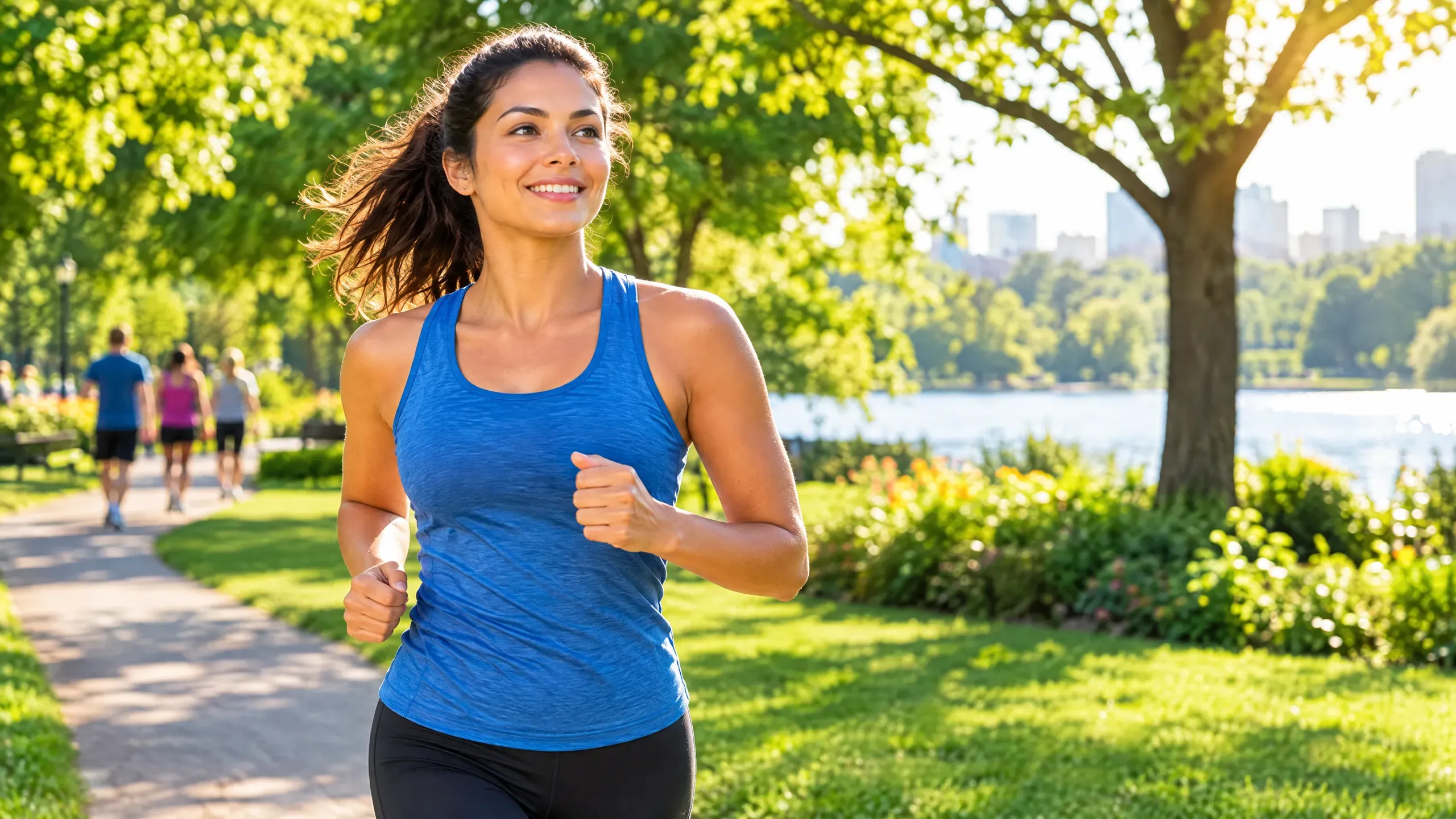 Una persona trota por un parque verde y soleado, con energía y vitalidad.