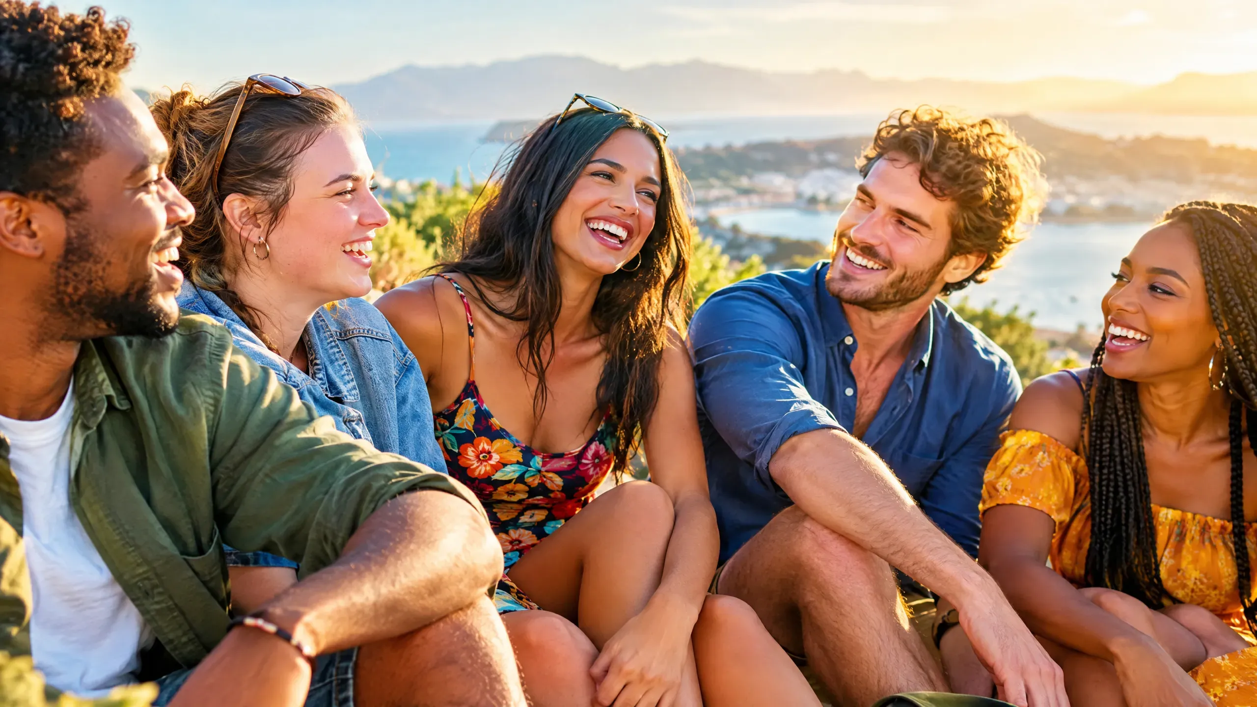 Un grupo de amistades ríe al aire libre bajo la luz cálida del sol.