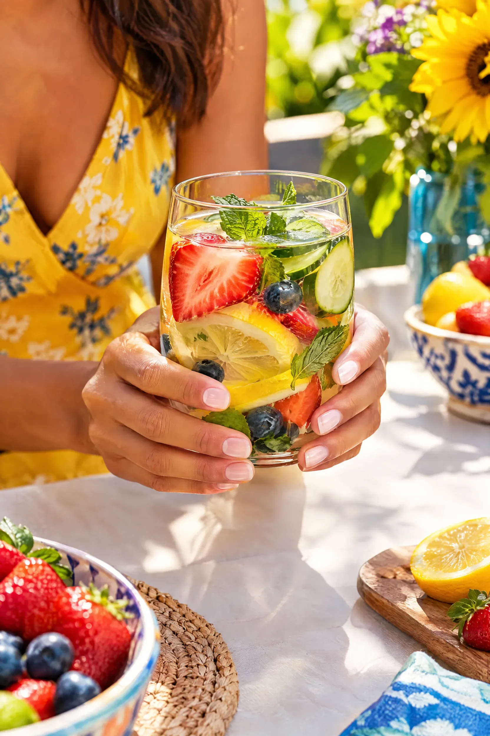 Dos manos sostienen un vaso de agua fresca con fruta sobre una mesa luminosa.