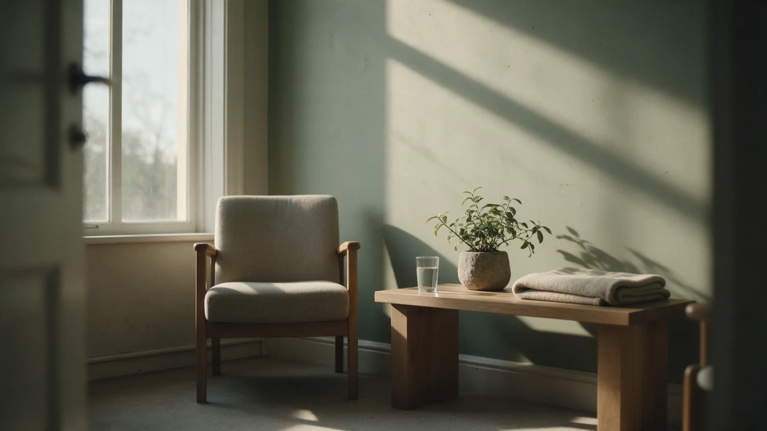 Butaca vacía junto a una ventana, con una mesa baja, un vaso de agua y una planta, en una sala de consulta silenciosa.