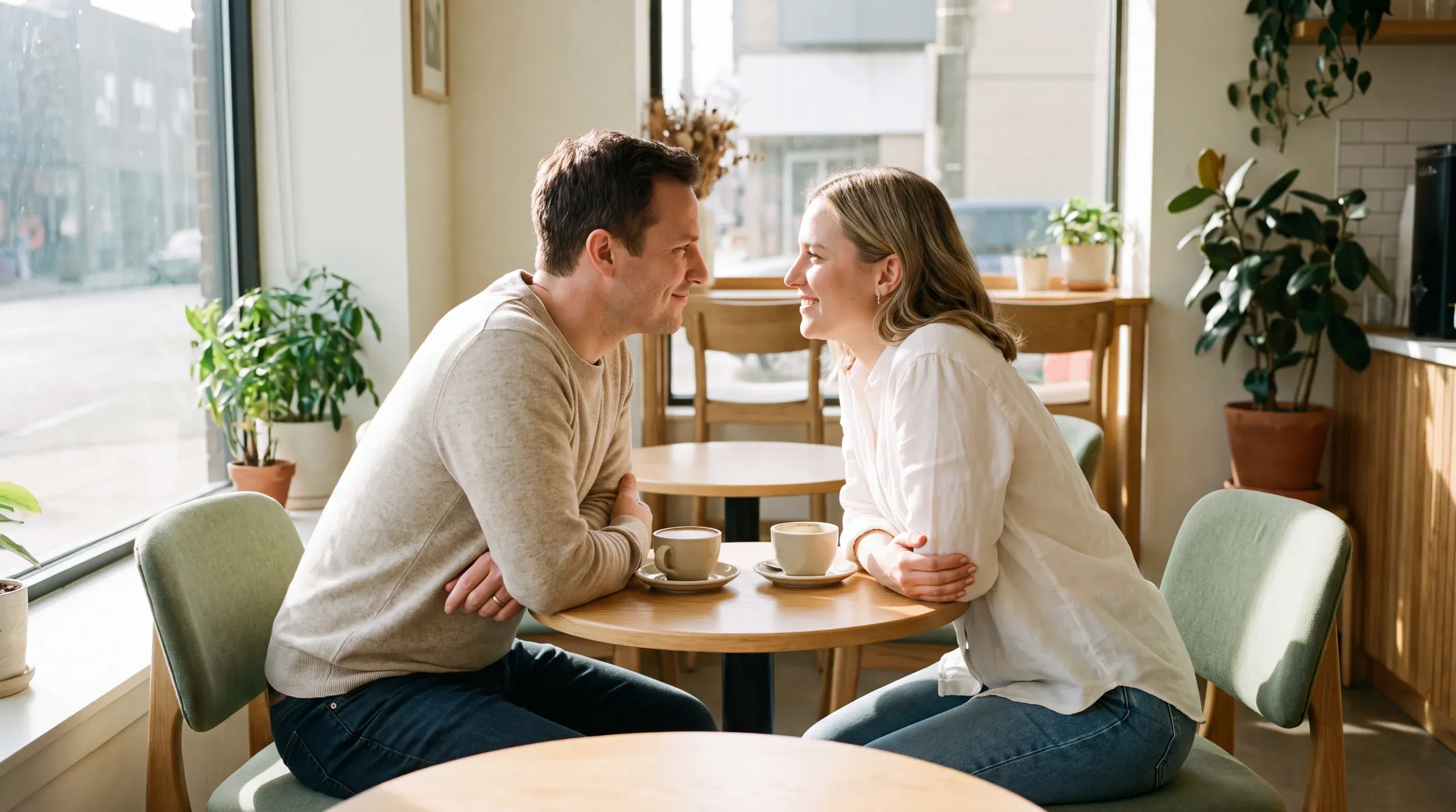 Dos personas conversan de igual a igual en la mesa de una cafetería luminosa.