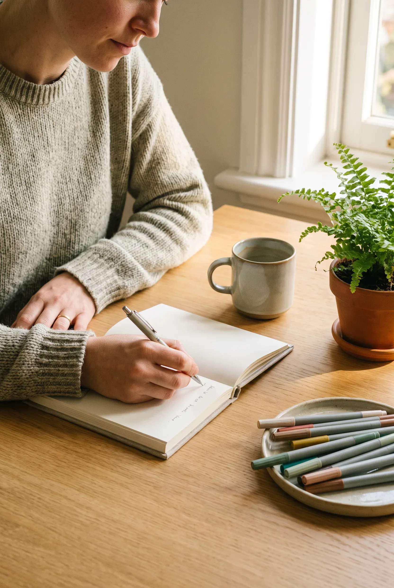 Una persona escribe con calma en un cuaderno luminoso con bolígrafos de colores.