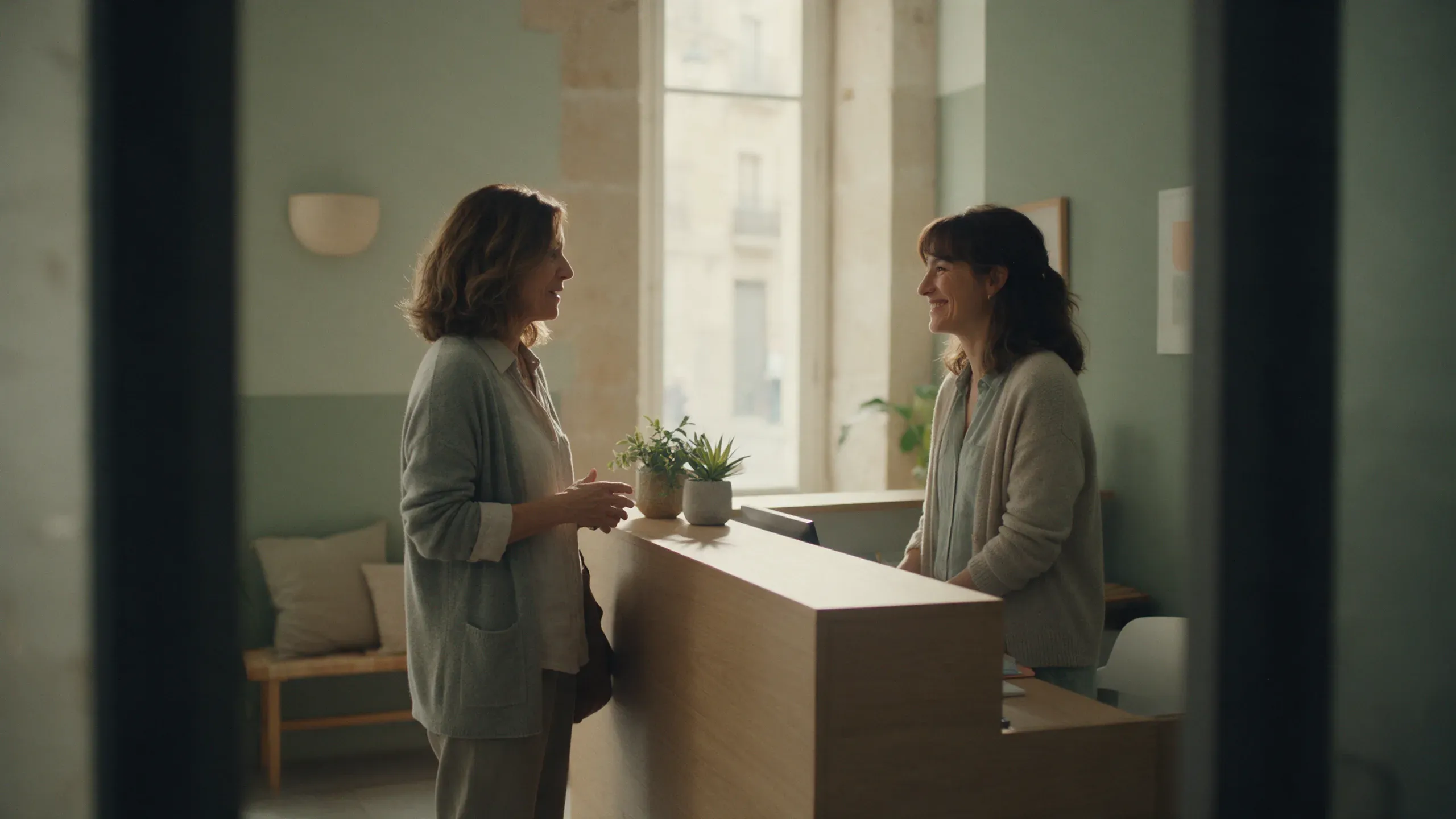 Una mujer adulta conversa con una profesional en el mostrador de recepción de un centro de psicología.