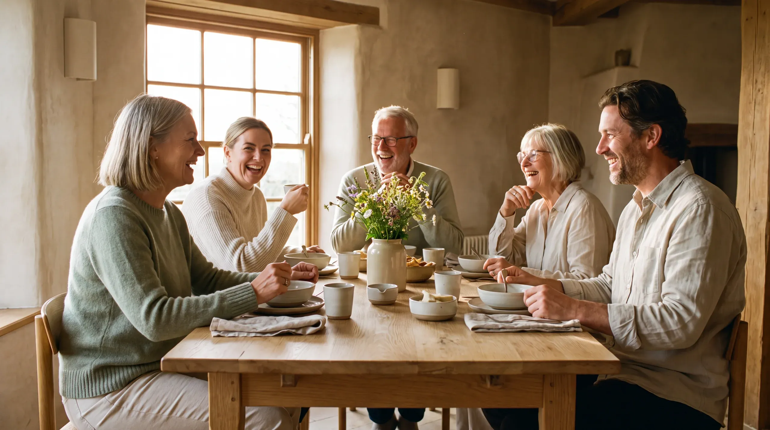 Una familia comparte una comida alrededor de una mesa con flores frescas y luz natural.