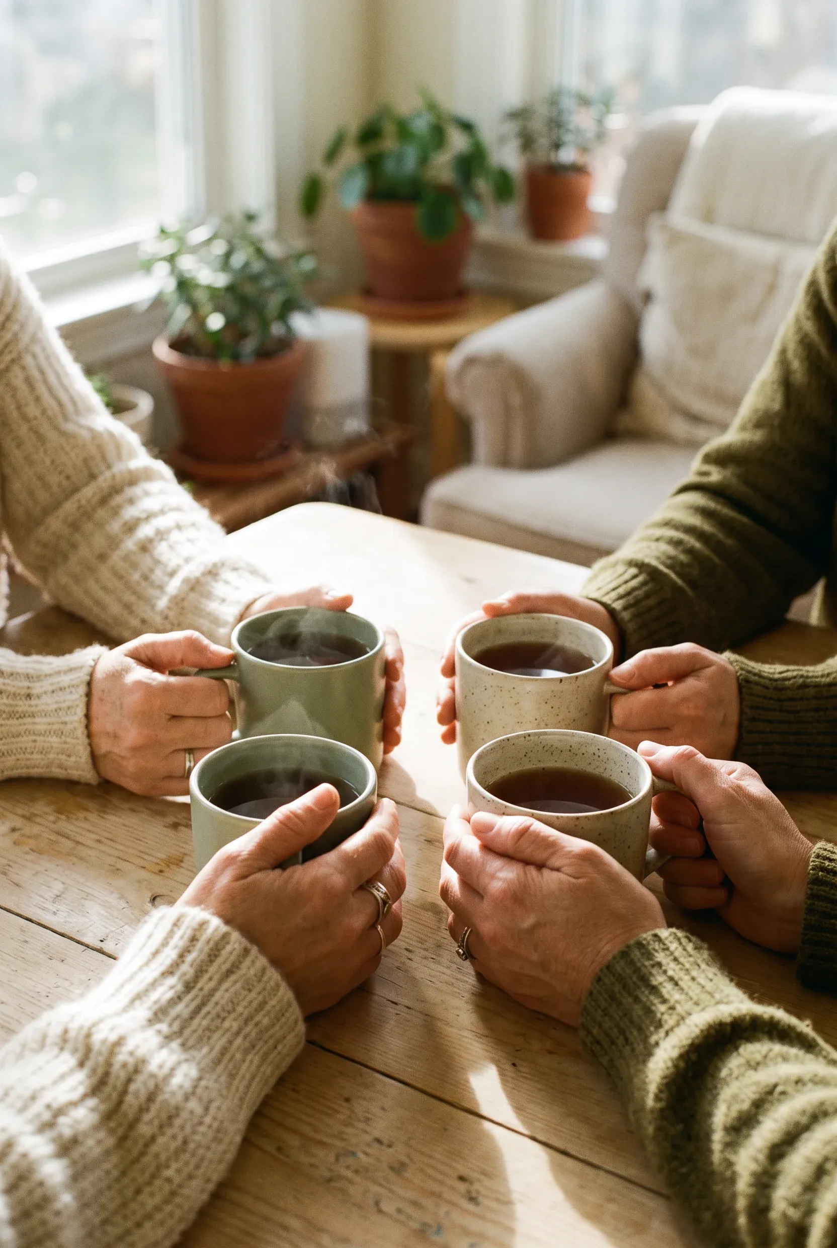 Dos pares de manos sostienen sendas tazas de té sobre una mesa de madera luminosa.