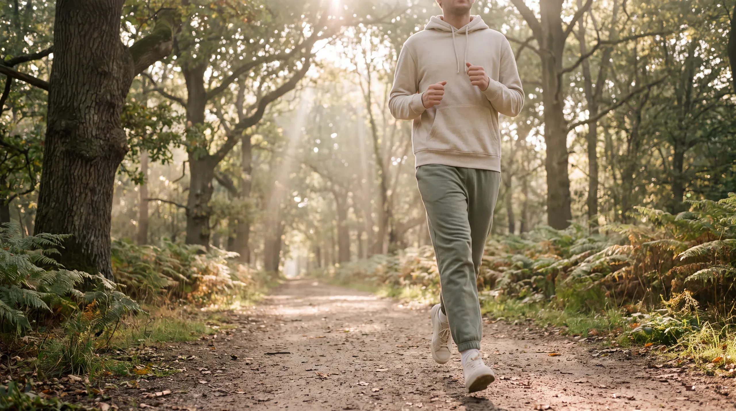 Una persona corre por un parque verde y soleado, con energía serena.