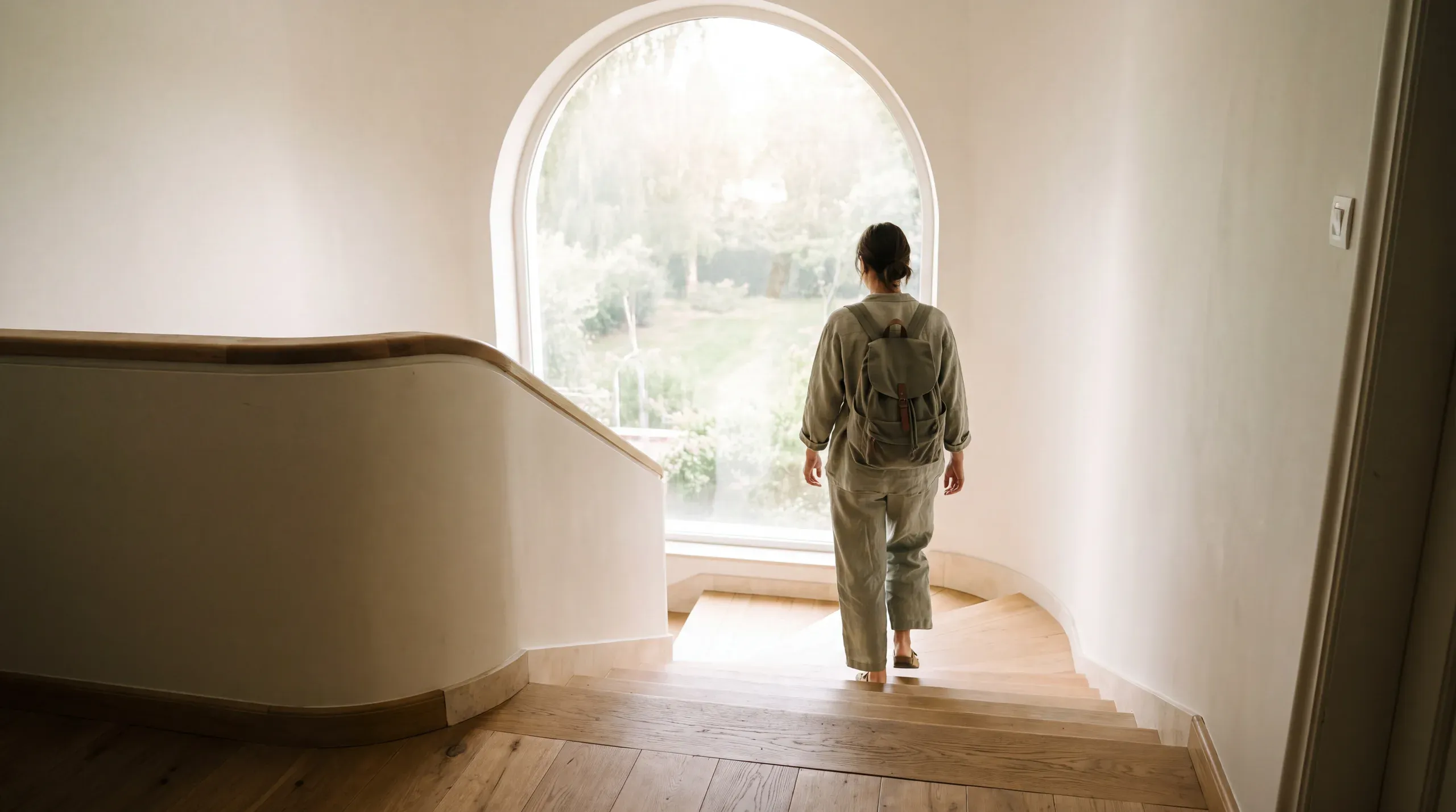 Una persona sube unas escaleras luminosas hacia una ventana con luz de sol.