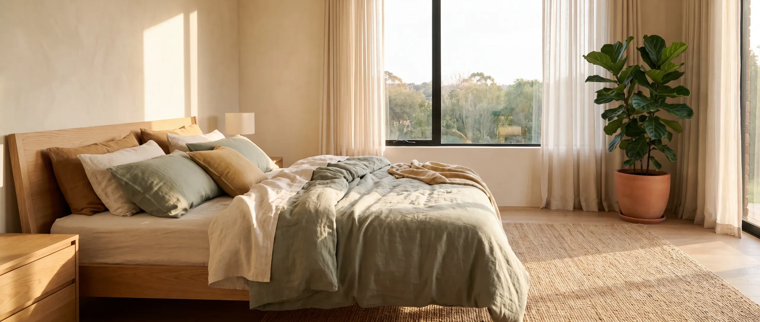 Un dormitorio al amanecer con luz dorada y ropa de cama fresca y colorida.