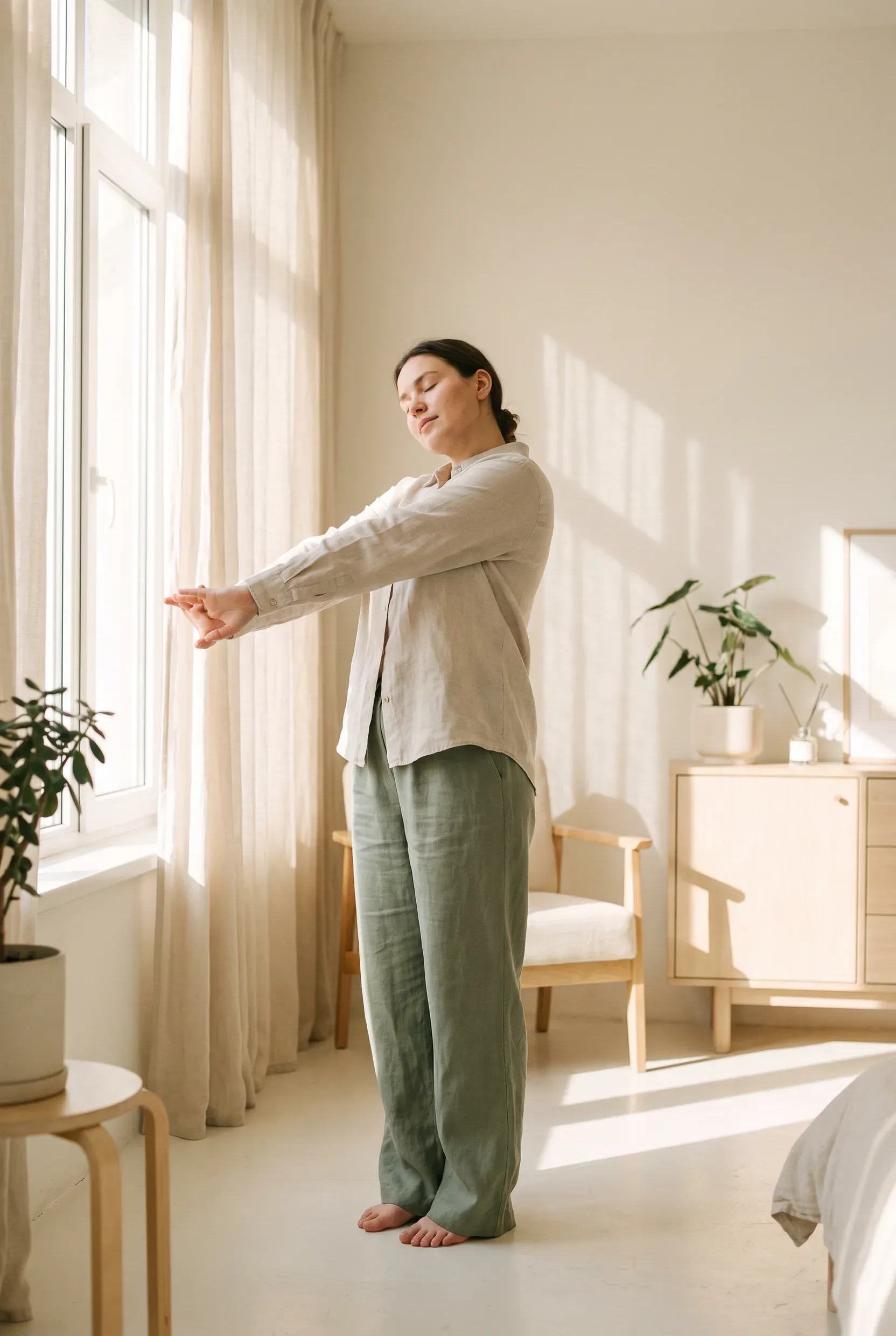 Una persona se estira con calma en una habitación con luz de mañana.