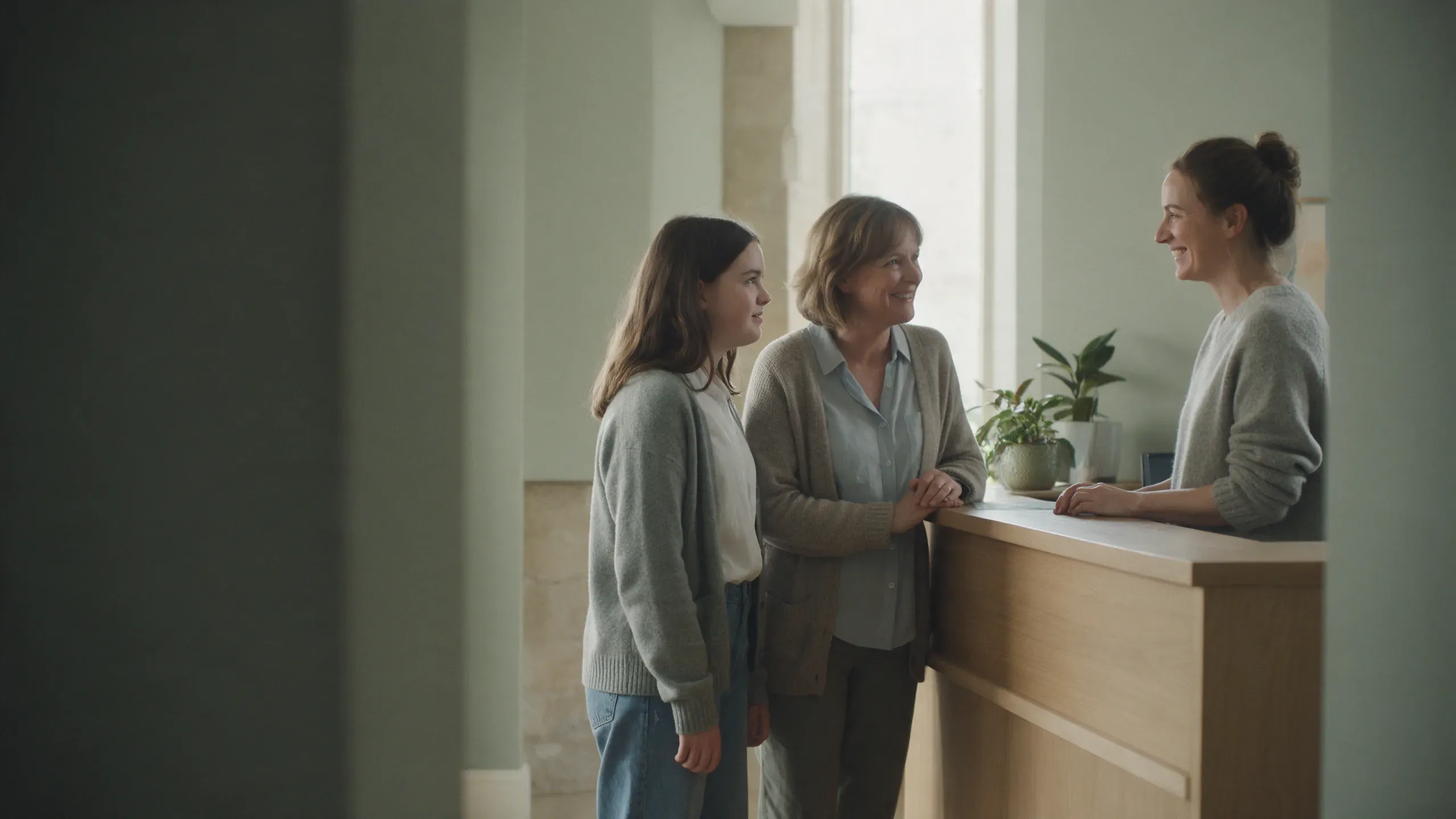 Una adolescente y su madre conversan con una profesional en el mostrador de recepción de un centro de psicología.