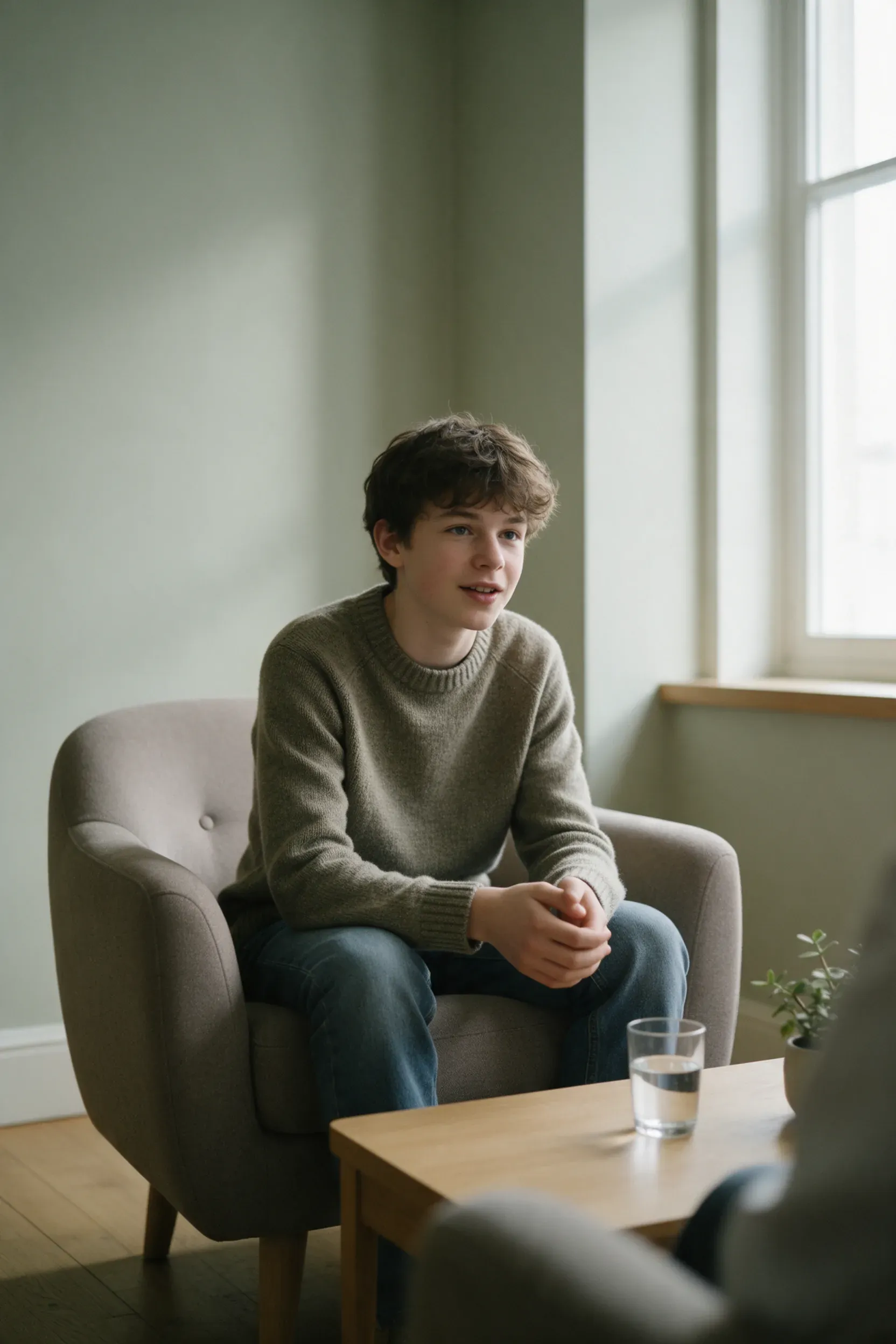 Un adolescente sentado en una butaca de una sala de consulta, junto a una ventana alta, mientras conversa.