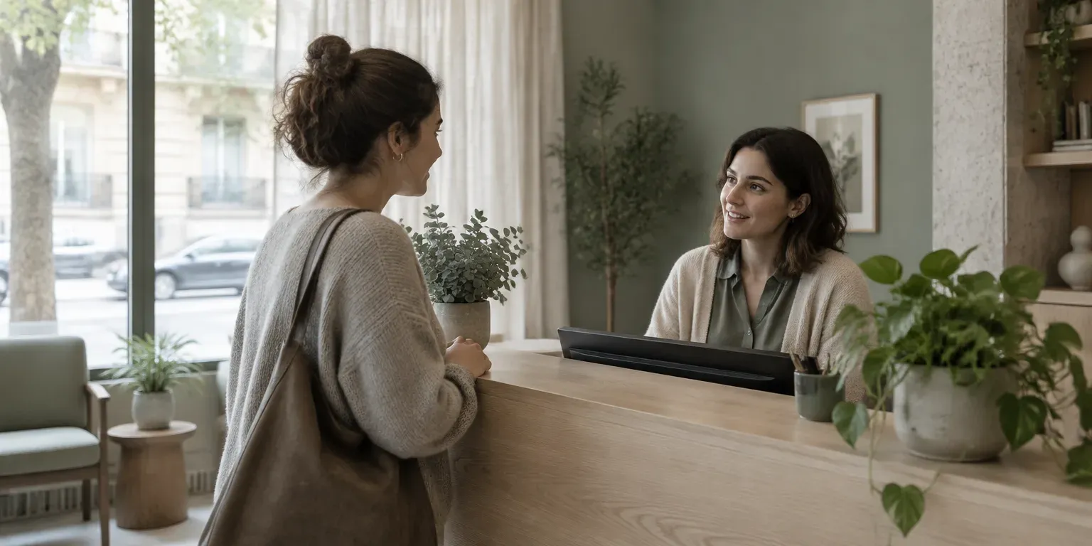 Una mujer conversa con la recepcionista en el mostrador de un centro de psicología.
