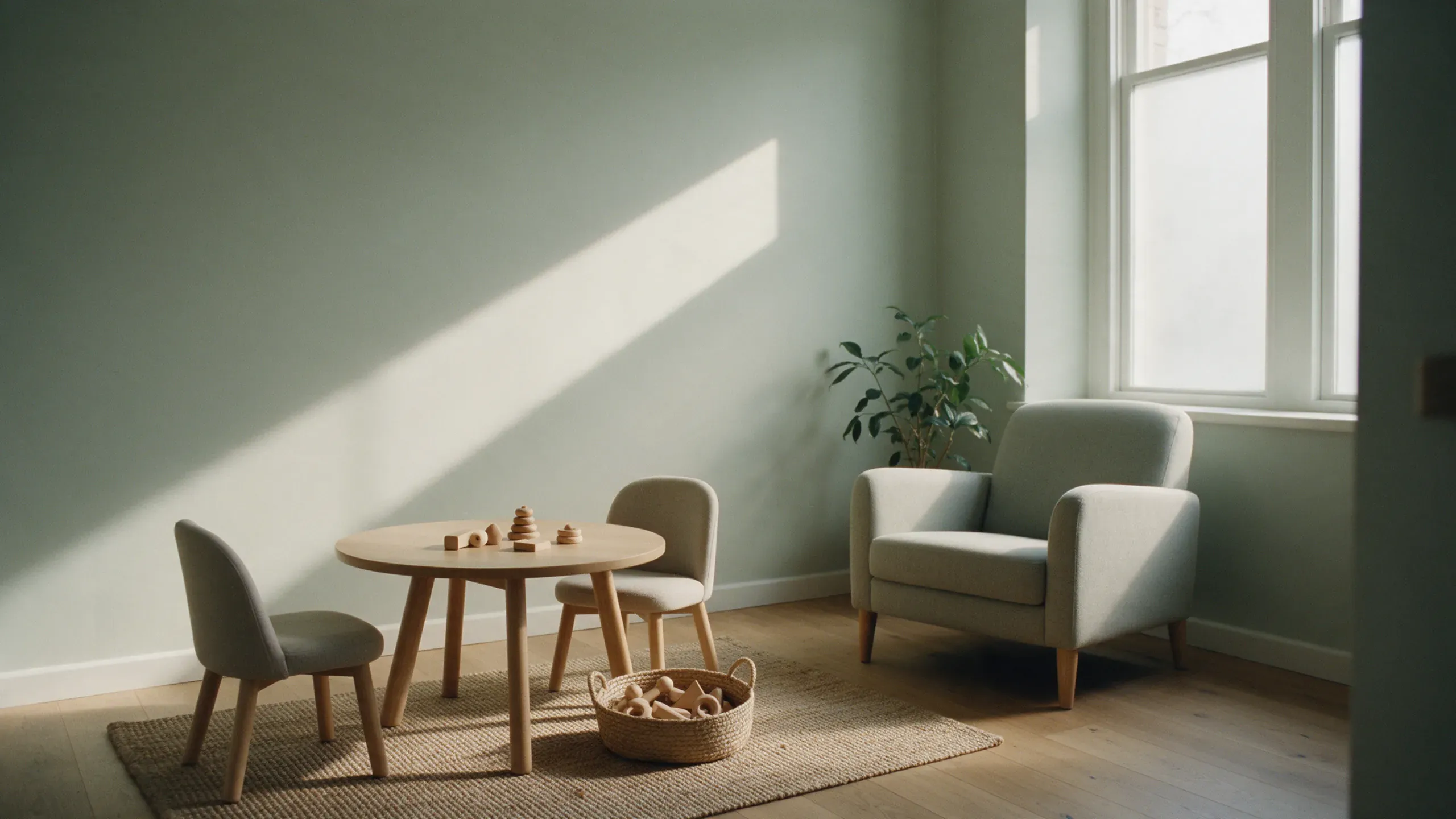 Una mesa baja con dos sillas pequeñas, un cesto de juguetes de madera y una butaca junto a la ventana, en una sala de consulta infantil vacía.