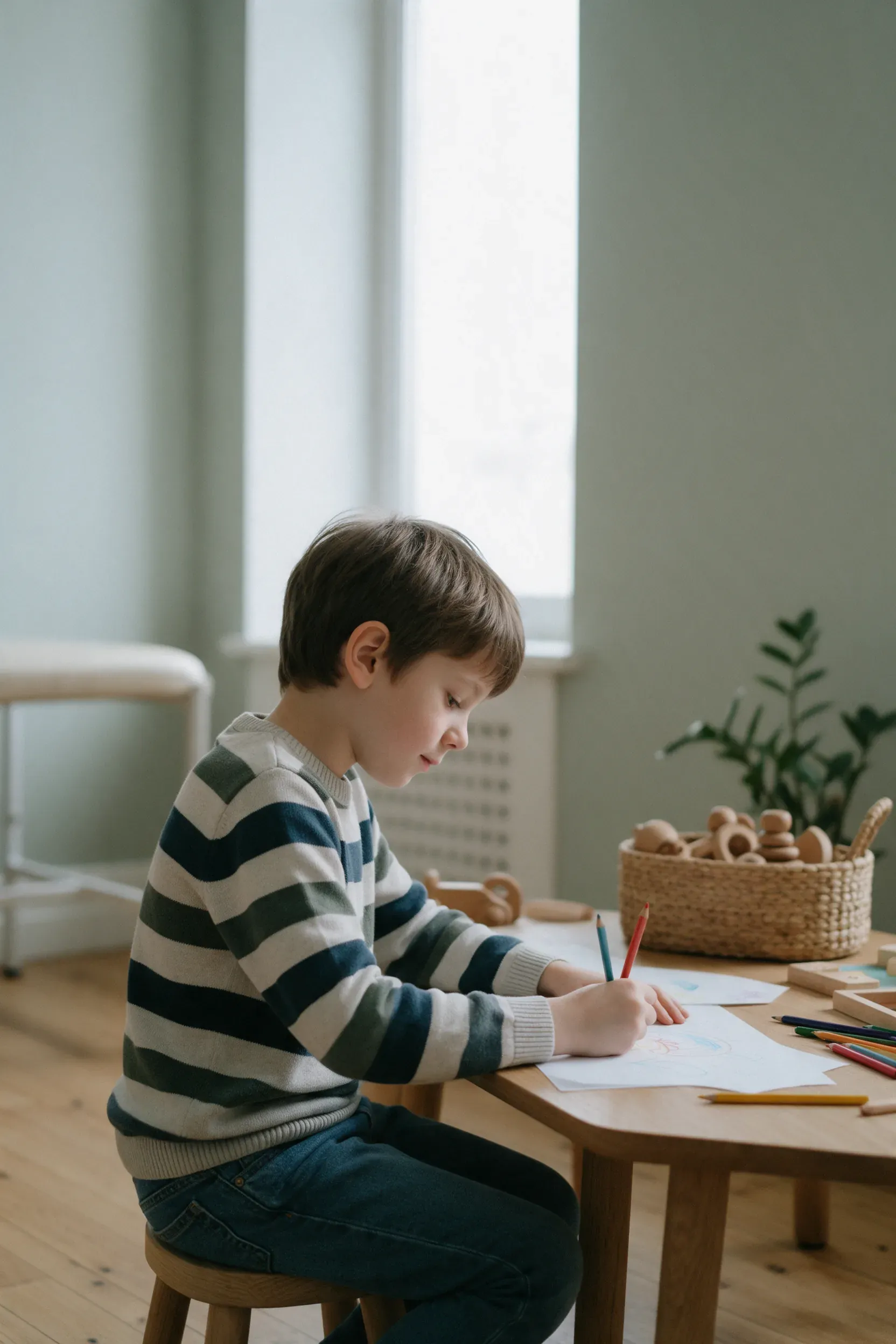 Un niño dibuja con lápices de colores en una mesa baja de una sala de consulta luminosa, junto a un cesto de juguetes de madera.