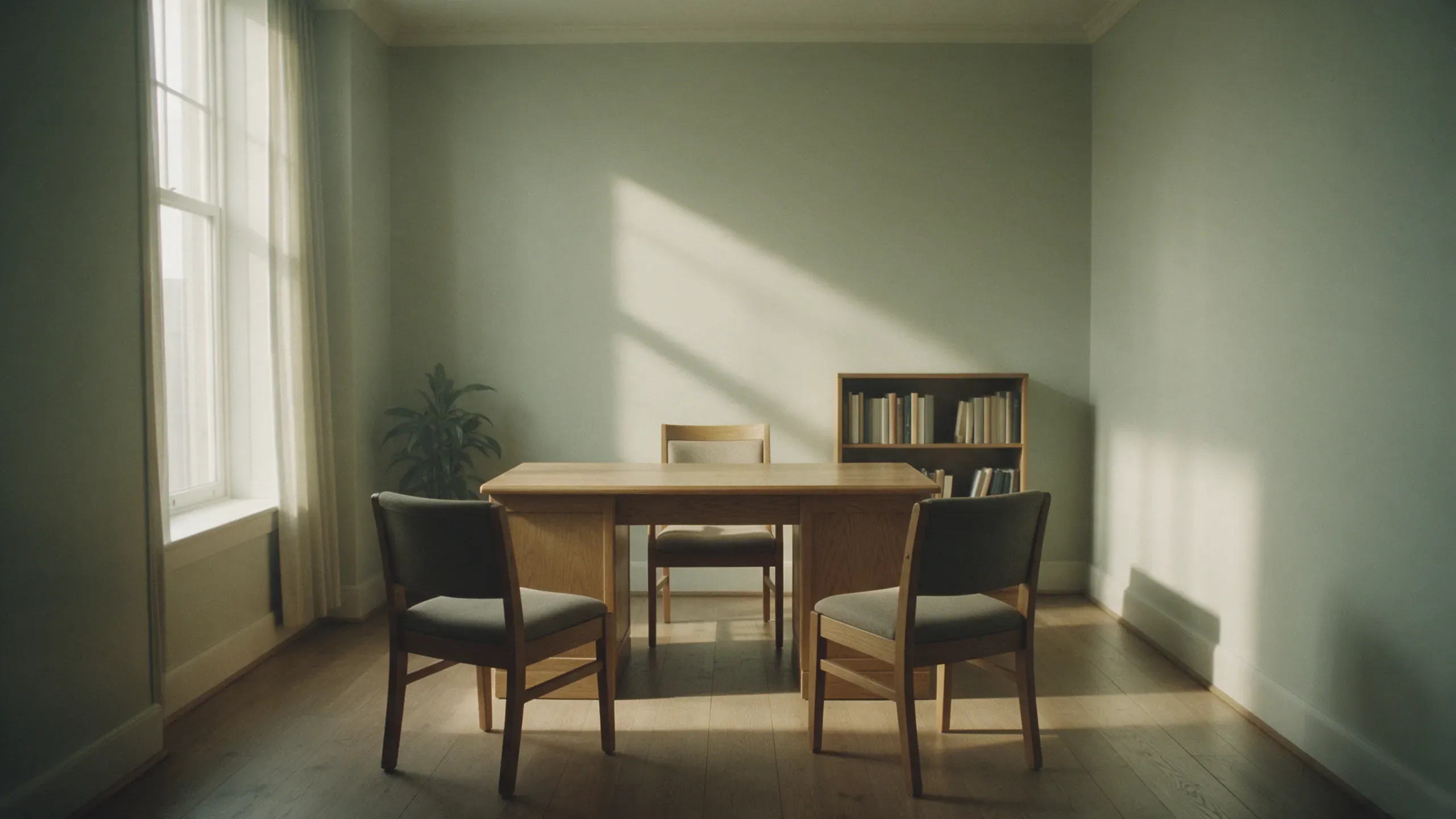 Una mesa de despacho con tres sillas y una estantería de libros junto a una ventana, en un despacho vacío.