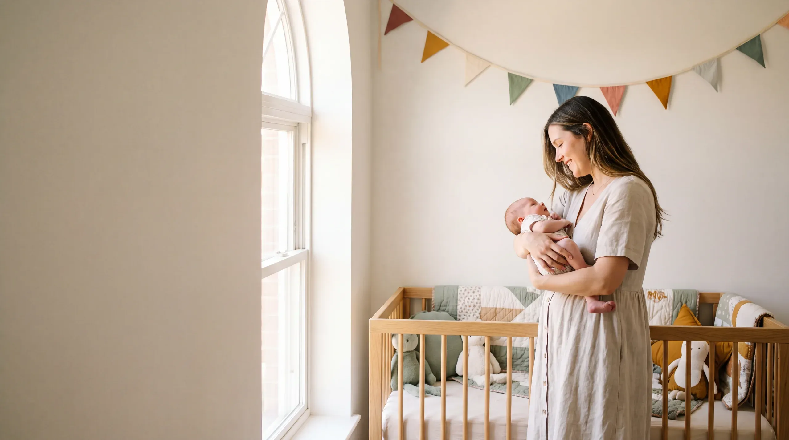 Una madre sostiene a su bebé en una habitación infantil luminosa y colorida, sonriendo.