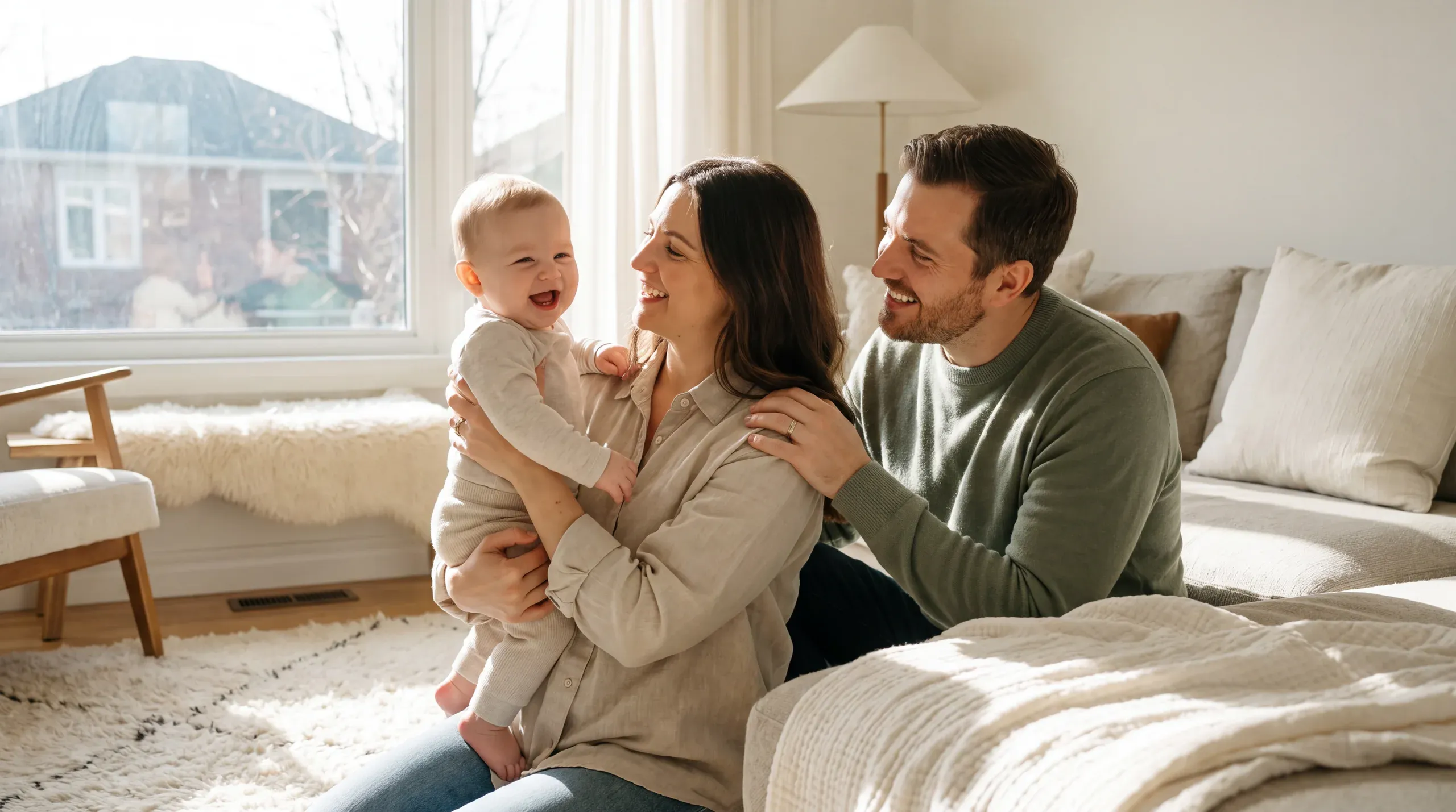 Una familia con un bebé en un salón luminoso y soleado, cálida y alegre.