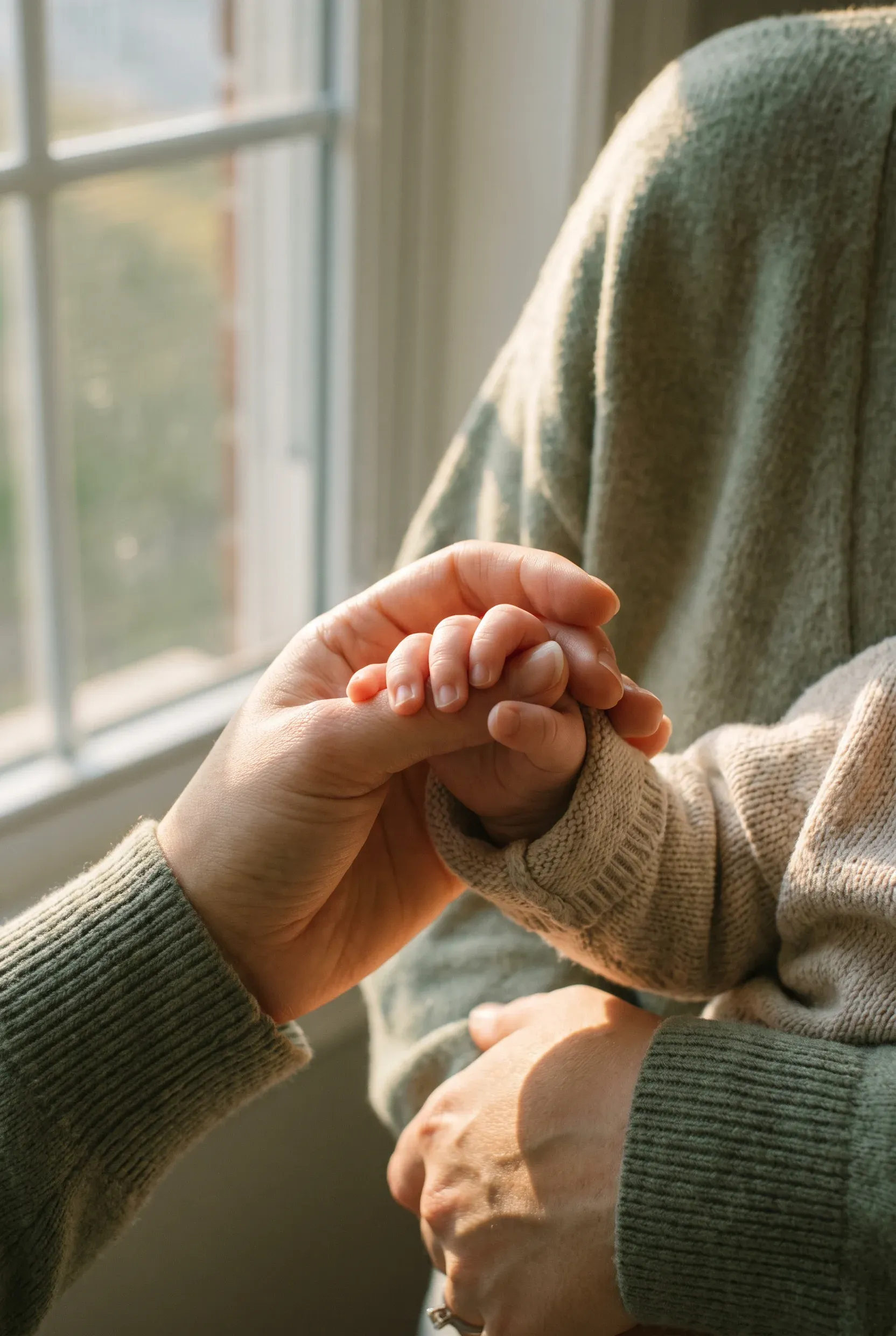 Las manos de una madre sostienen la mano de su bebé bajo una luz cálida.