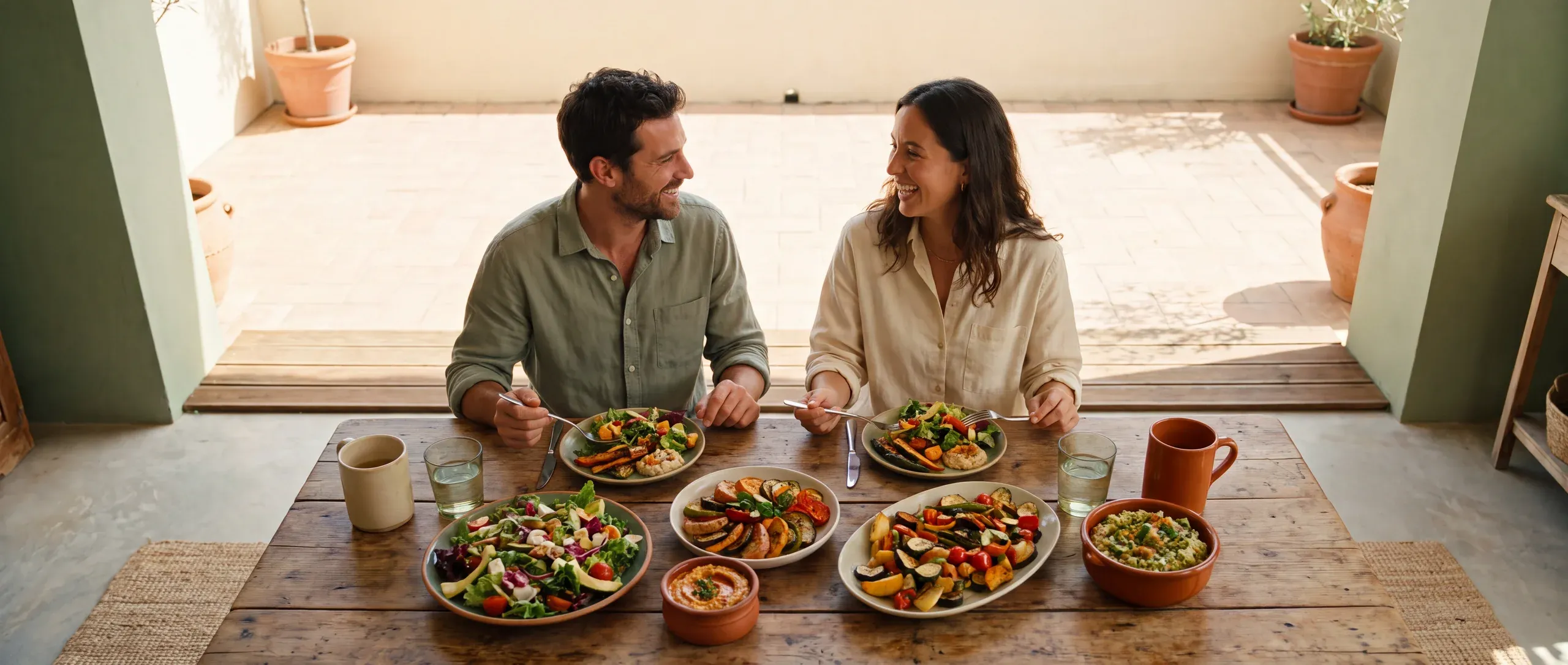 Dos personas comparten una comida saludable y colorida en una mesa luminosa.