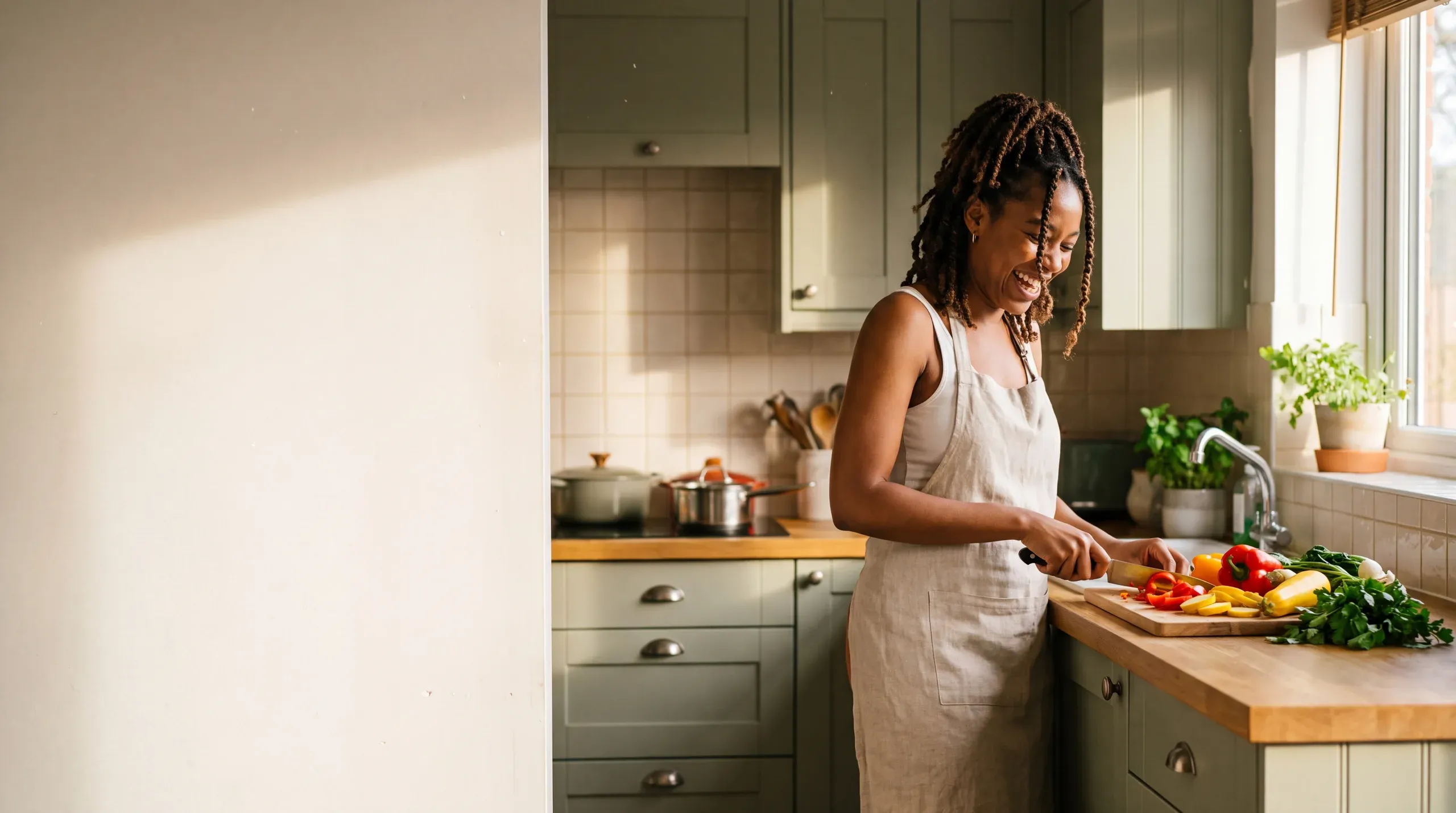 Una persona cocina con alegría en una cocina luminosa y colorida, con verduras frescas.