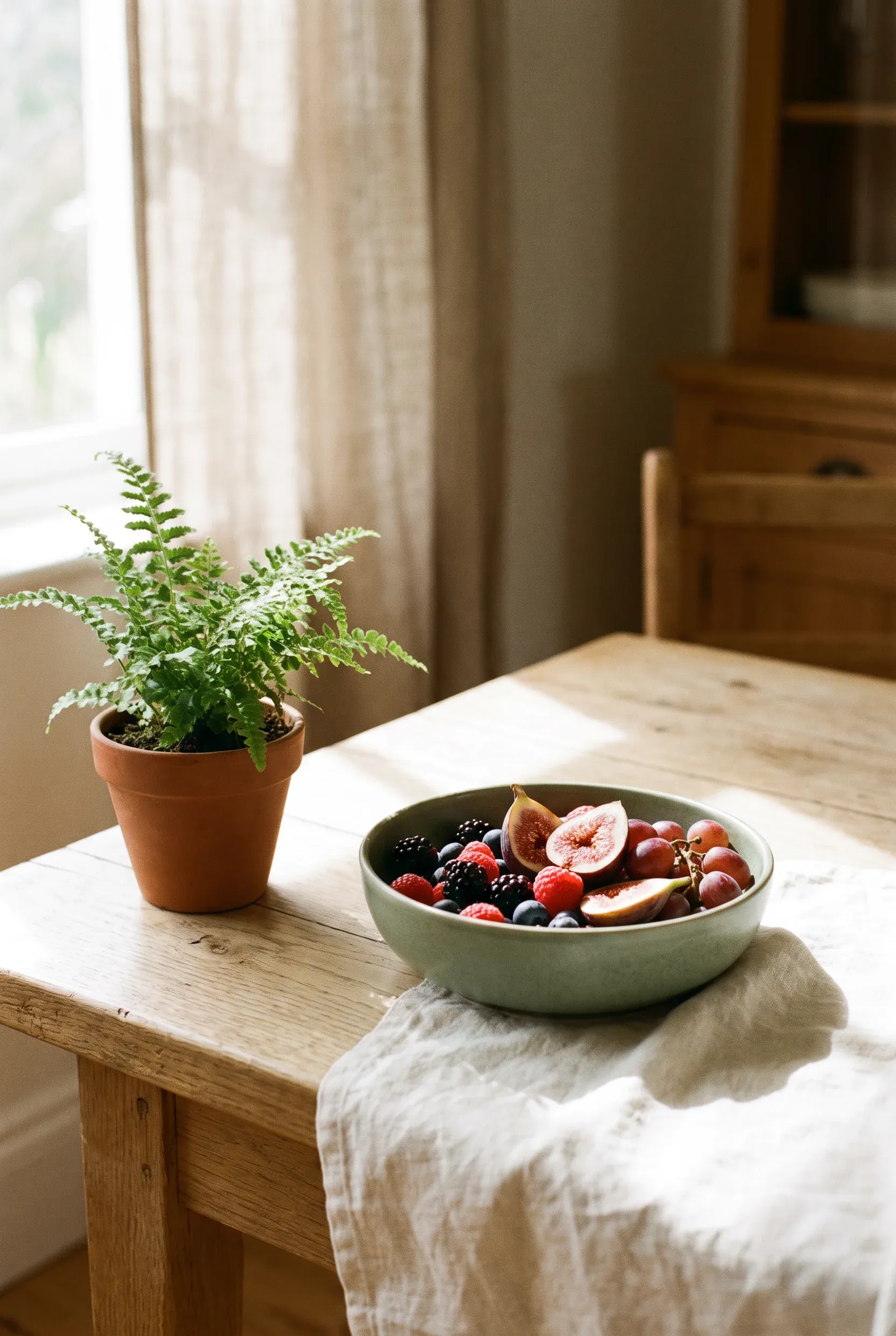 Un cuenco de fruta fresca y colorida sobre una mesa soleada.
