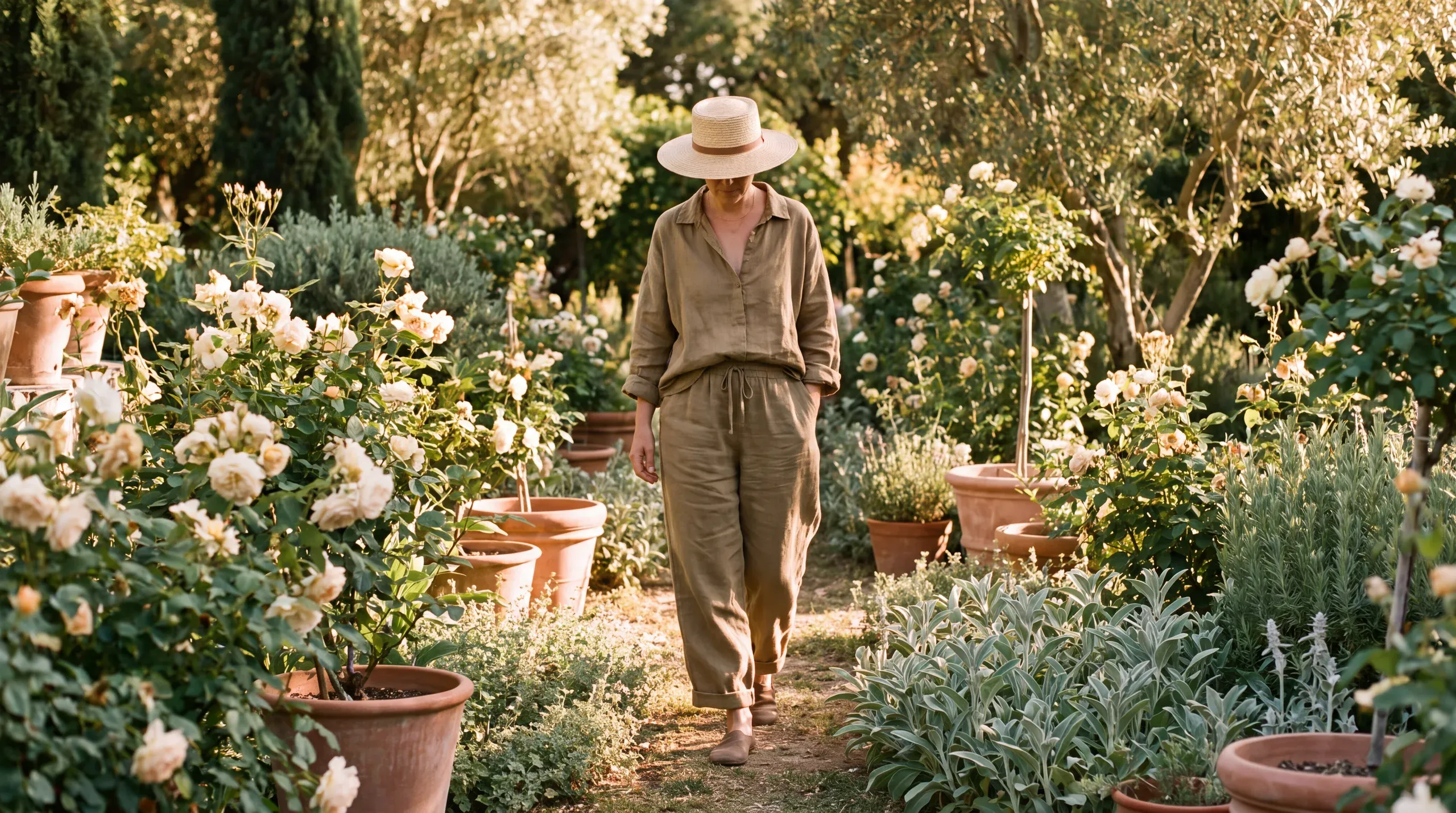 Una persona pasea por un jardín soleado lleno de flores de colores, serena.
