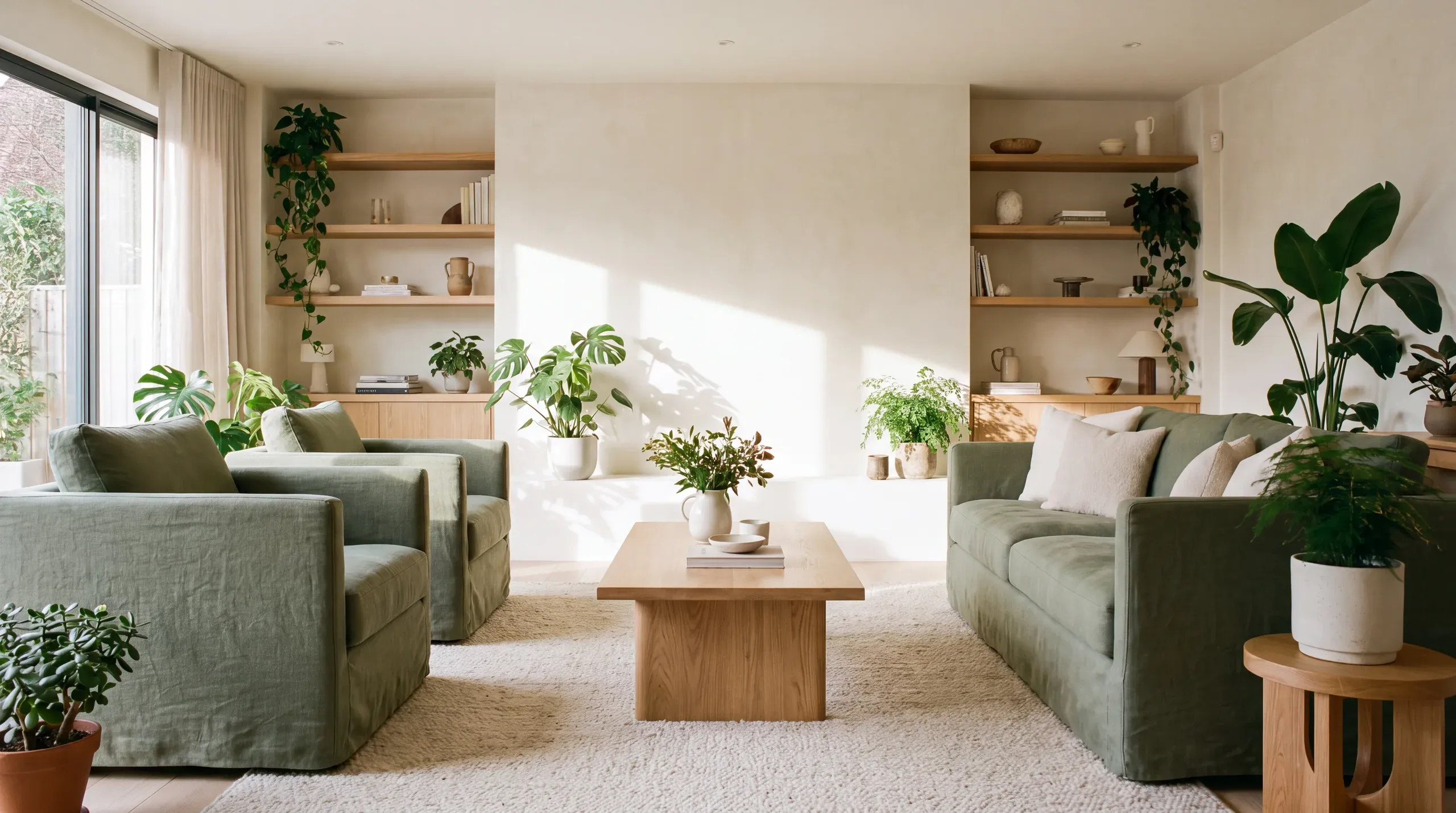 Una sala de espera moderna, luminosa y acogedora, con plantas y color cálido.