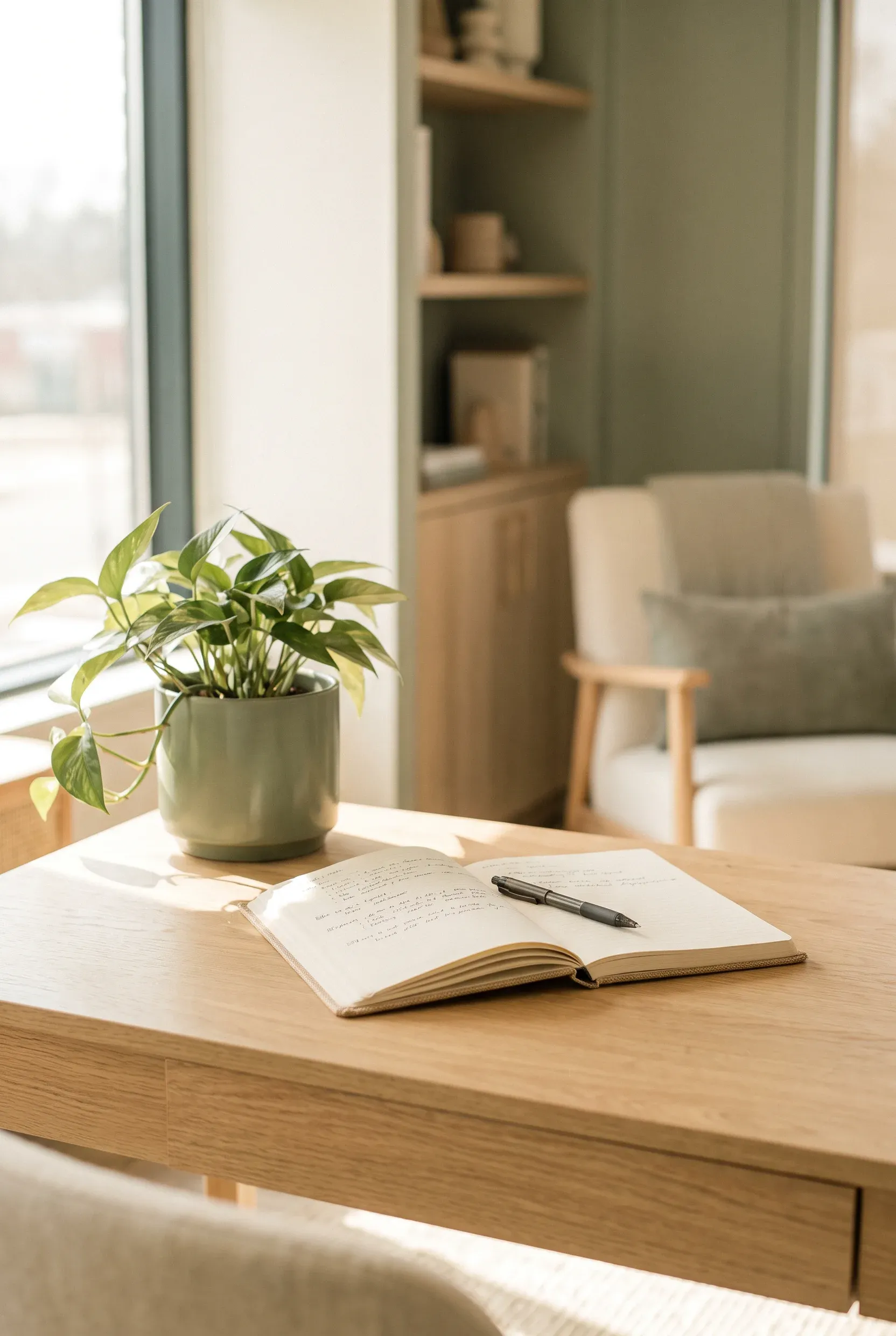 Un escritorio luminoso con un cuaderno y una planta verde en una oficina moderna y cálida.
