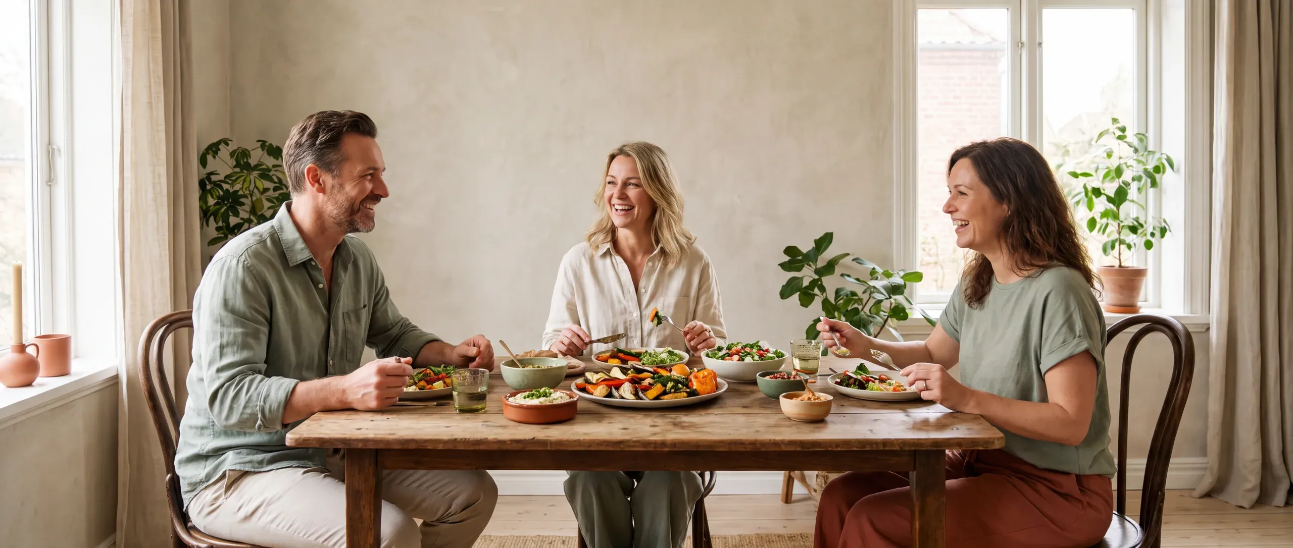 Un grupo de personas comparte una comida saludable y colorida en una mesa luminosa.