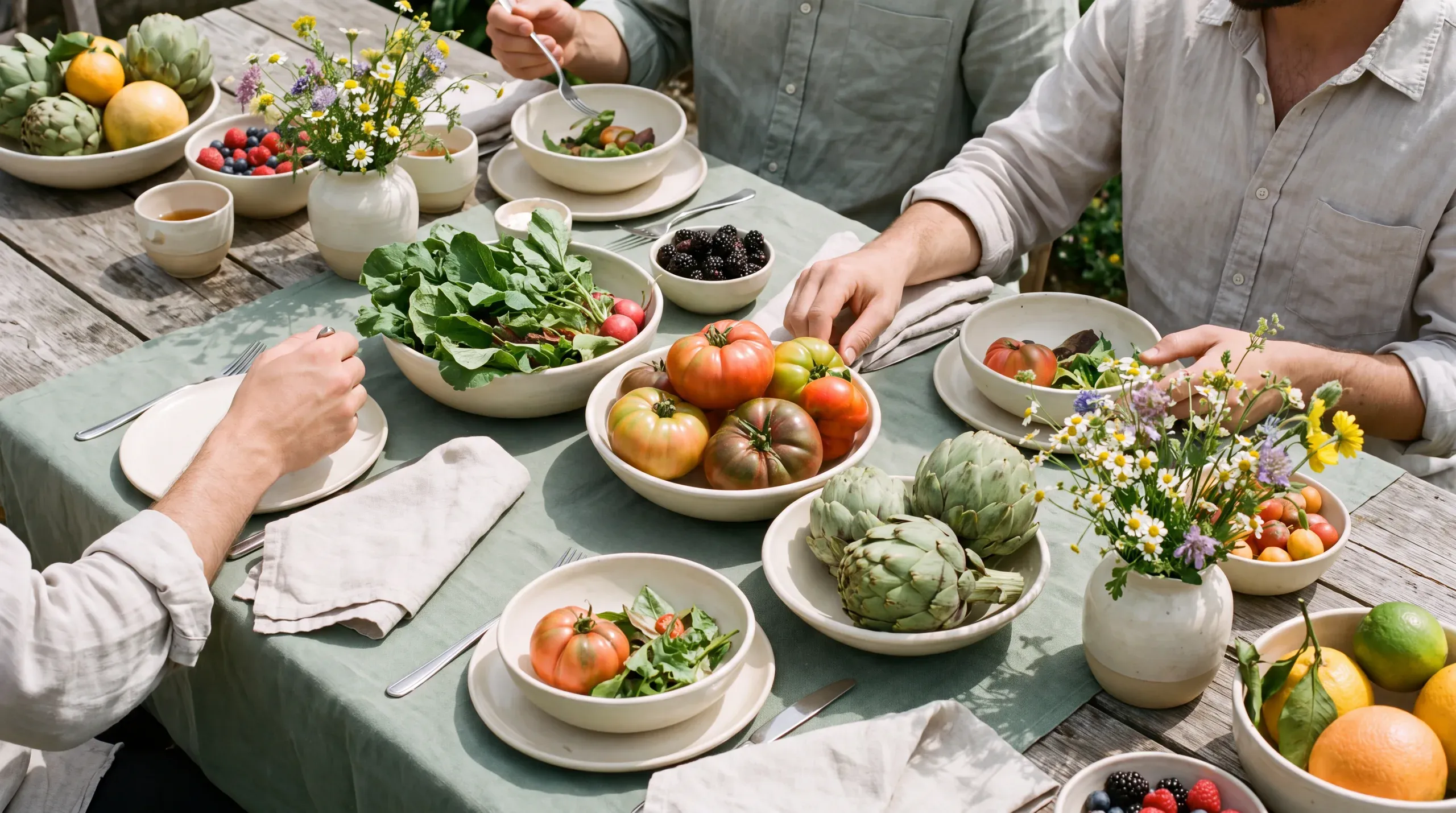 Una mesa colorida con verduras, fruta y flores frescas a la luz del día.