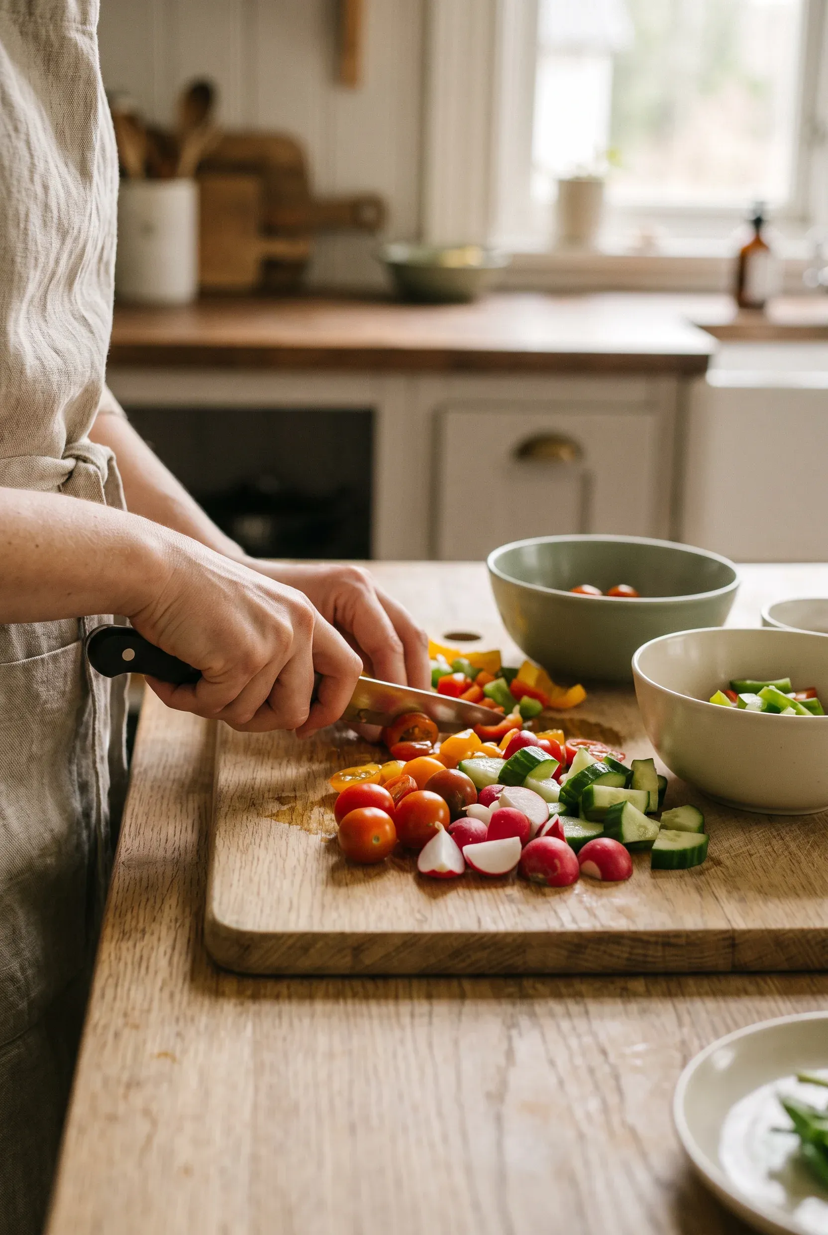 Dos manos preparan verduras frescas y coloridas sobre una tabla de madera luminosa.