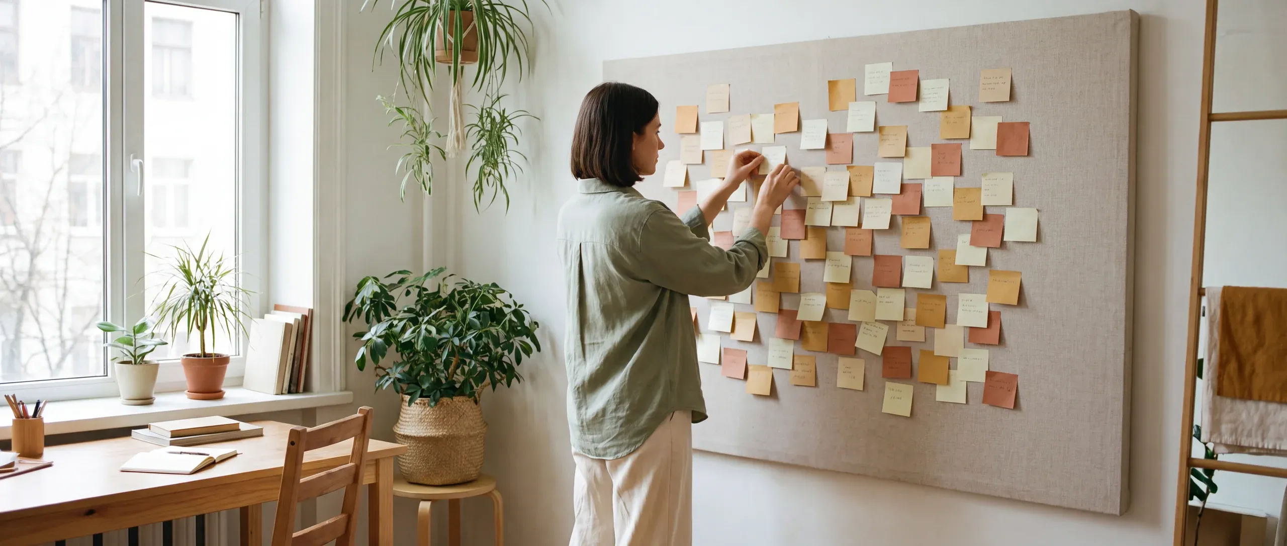 Una persona organiza notas de colores en un tablón luminoso, concentrada.