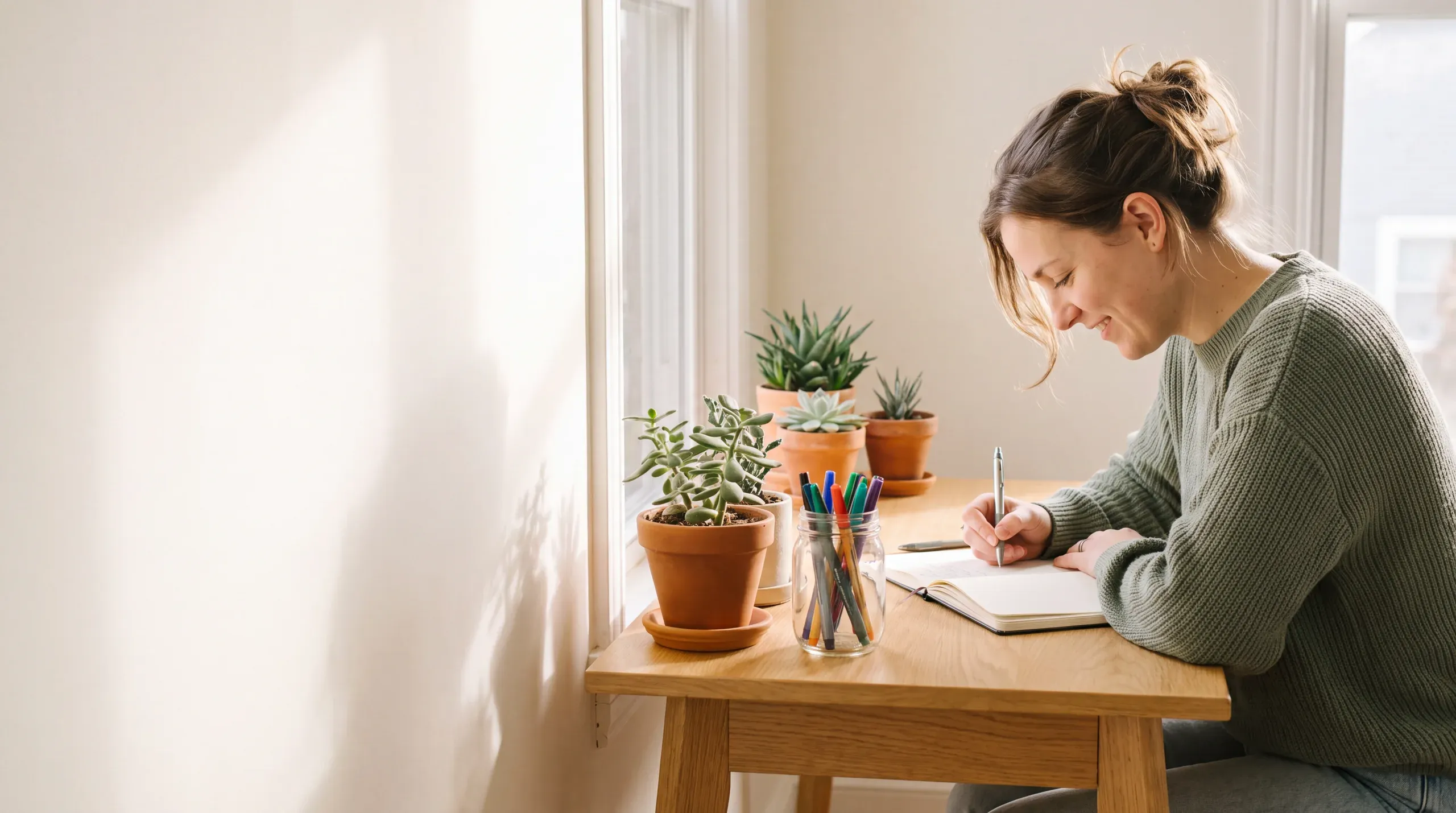 Una persona trabaja concentrada en un escritorio luminoso y colorido, con plantas y papelería.