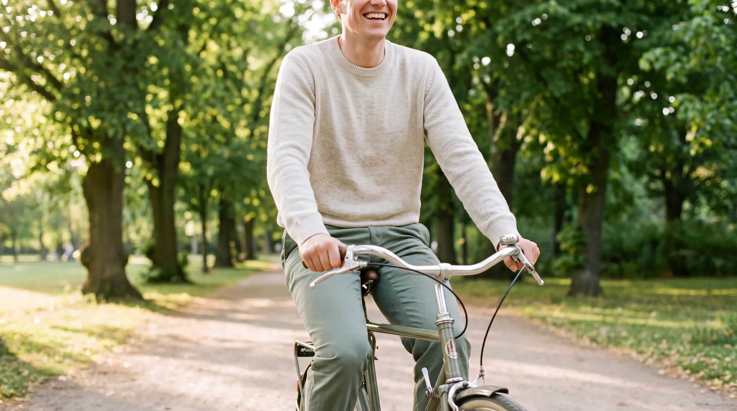 Una persona pedalea por un parque soleado, con energía y buen ánimo.