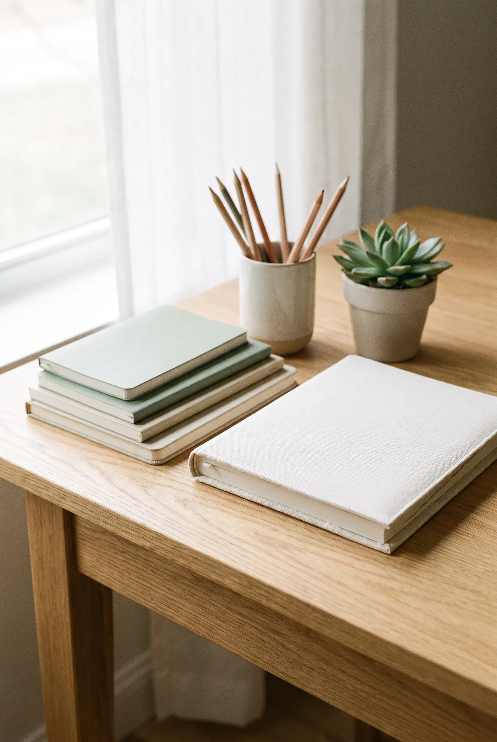 Material de papelería y lápices de colores ordenados sobre un escritorio de madera luminoso.