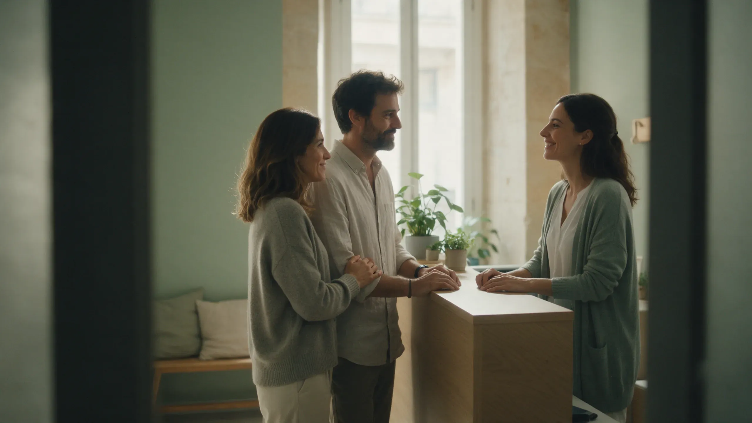Una pareja conversa con una profesional en el mostrador de recepción de un centro de psicología.